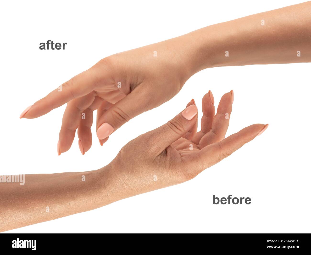 Belles mains de femme. Les mains des femmes avant et après l'application de crème, lotion. Concept spa et manucure. Mains de femmes avec manucure française. Peau douce, s Banque D'Images Belles mains de femme. Les mains des femmes avant et après l'application de crème, lotion. Concept spa et manucure. Mains de femmes avec manucure française. Peau douce, s Banque D'Images