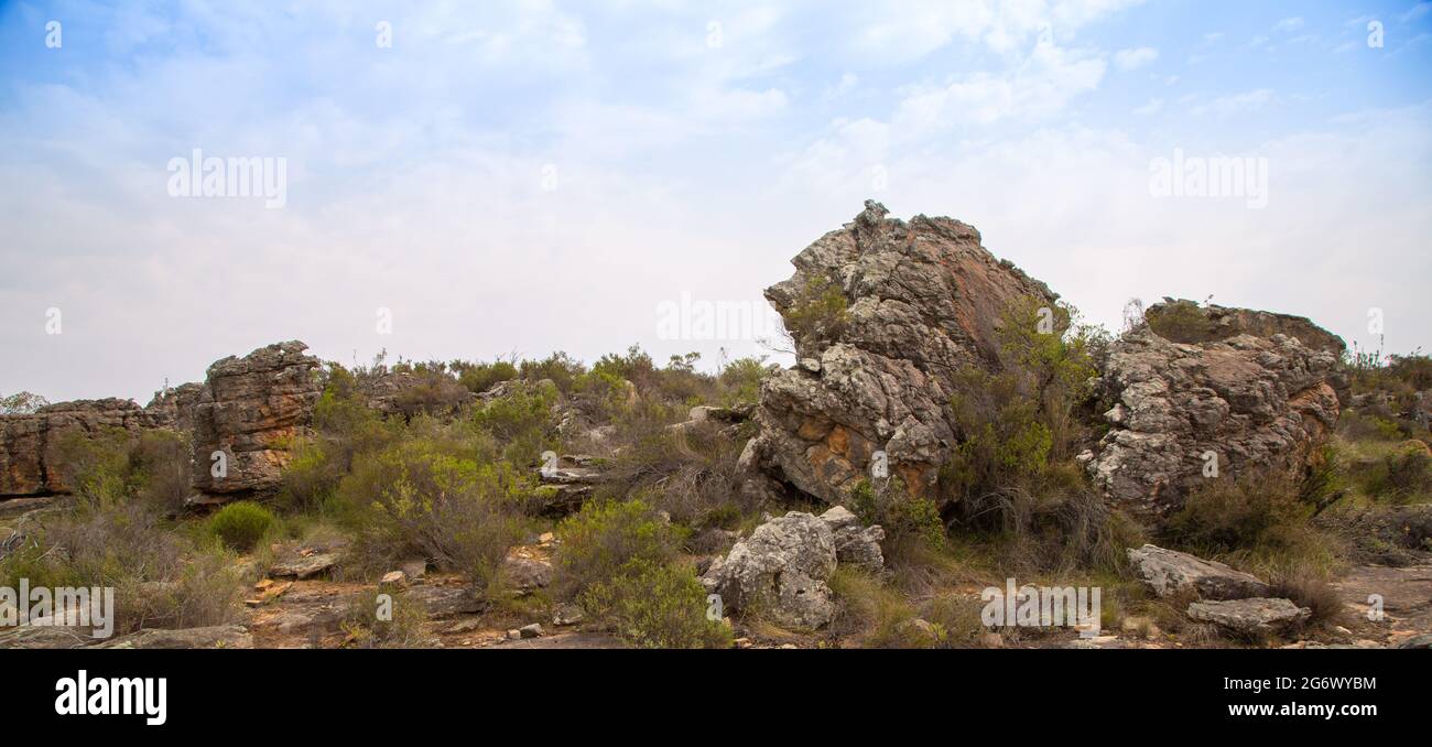 Paysage d'une formation rocheuse sur le plateau de Bokkeveld près de Nieuwoudtville dans le Cap Nord de l'Afrique du Sud Banque D'Images