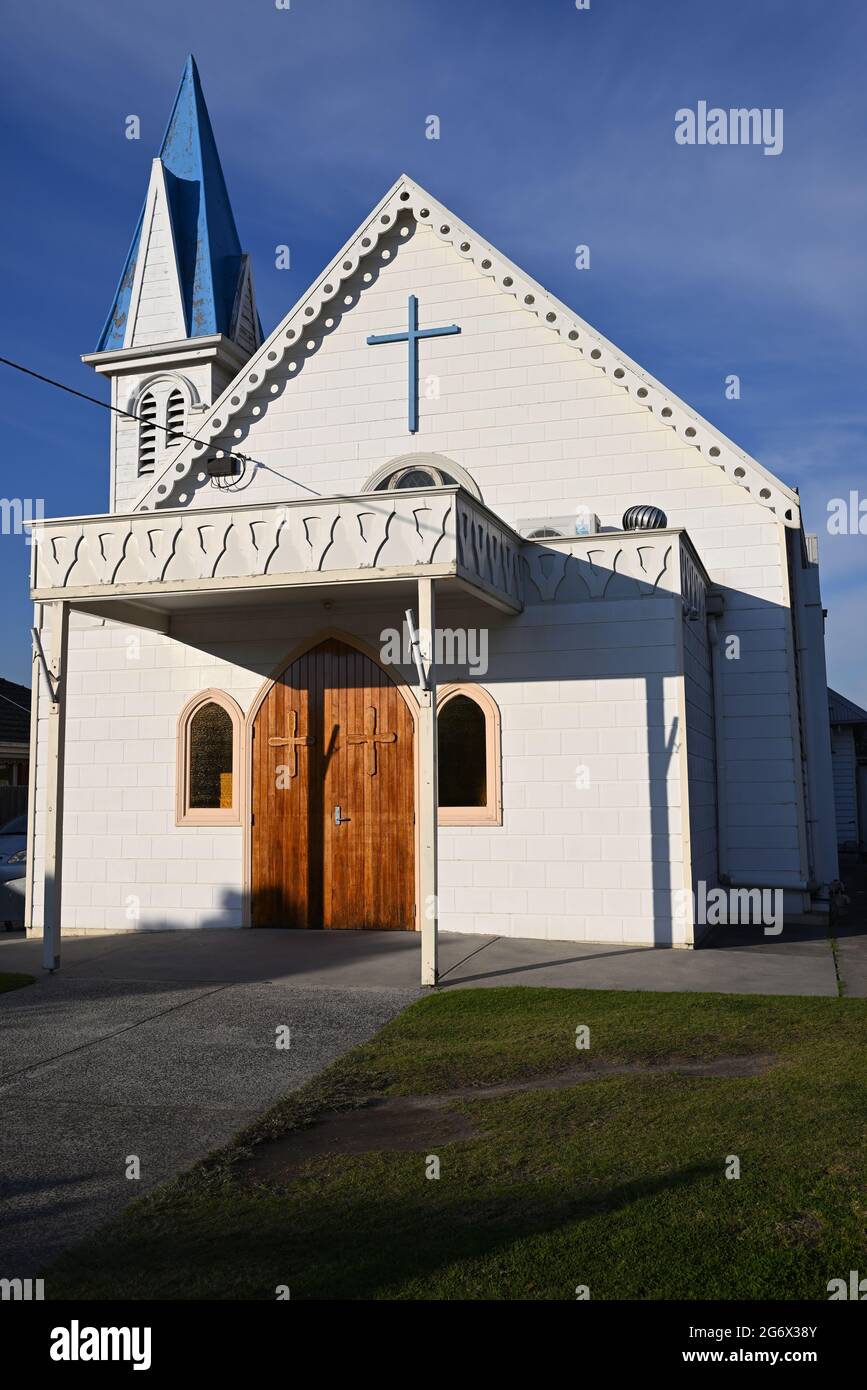 Un bâtiment d'église du patrimoine blanc situé au 152 Grange Rd, actuellement utilisé par l'église orthodoxe grecque Banque D'Images