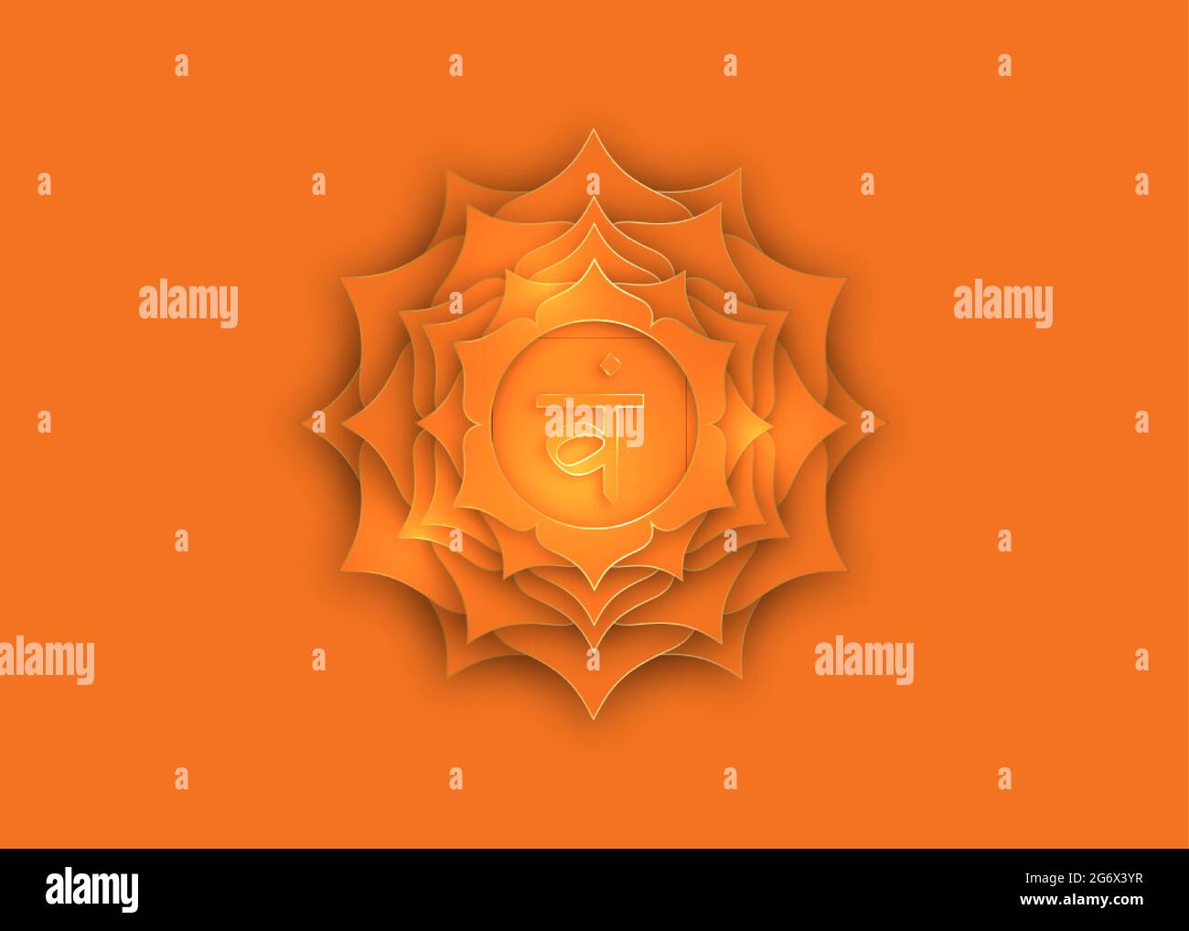 Deuxième Swadhisthana chakra avec le mantra de semence hindou Sanskrit VAM. Style de conception coupé en papier orange et or, symbole fleur de lotus pour la méditation, yoga. Illustration de Vecteur