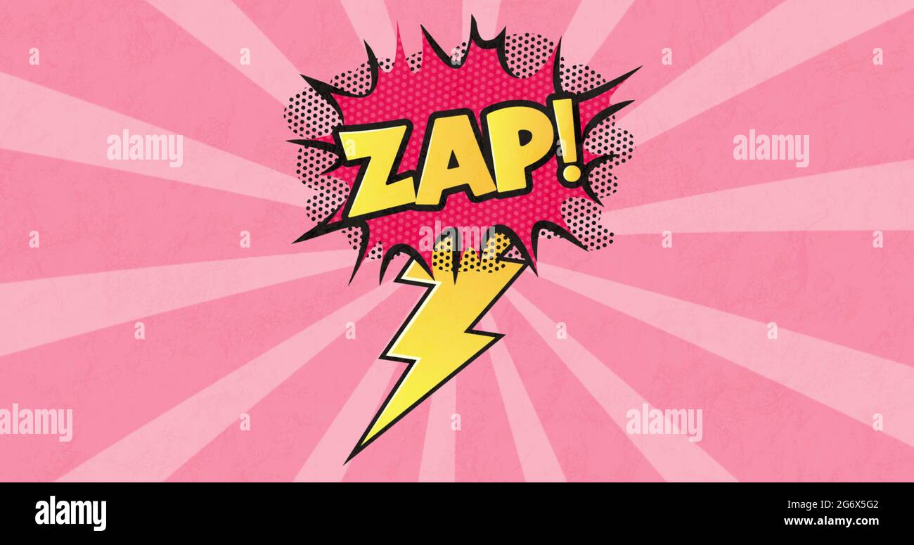 Image d'une bulle de dessin animé avec ZAP écrit en jaune sur un fond rayé rose Banque D'Images