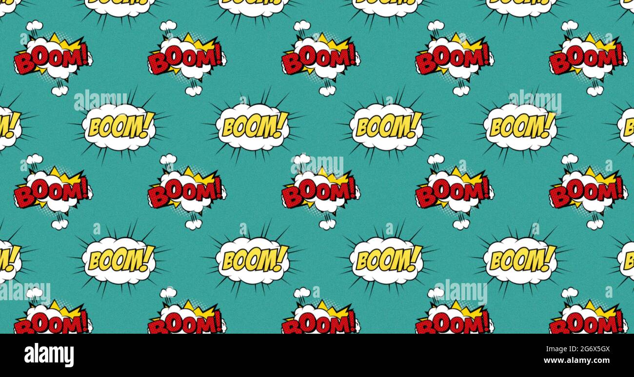 Image de plusieurs bulles de dessin animé avec BOOM et ZAP écrit sur un fond vert Banque D'Images