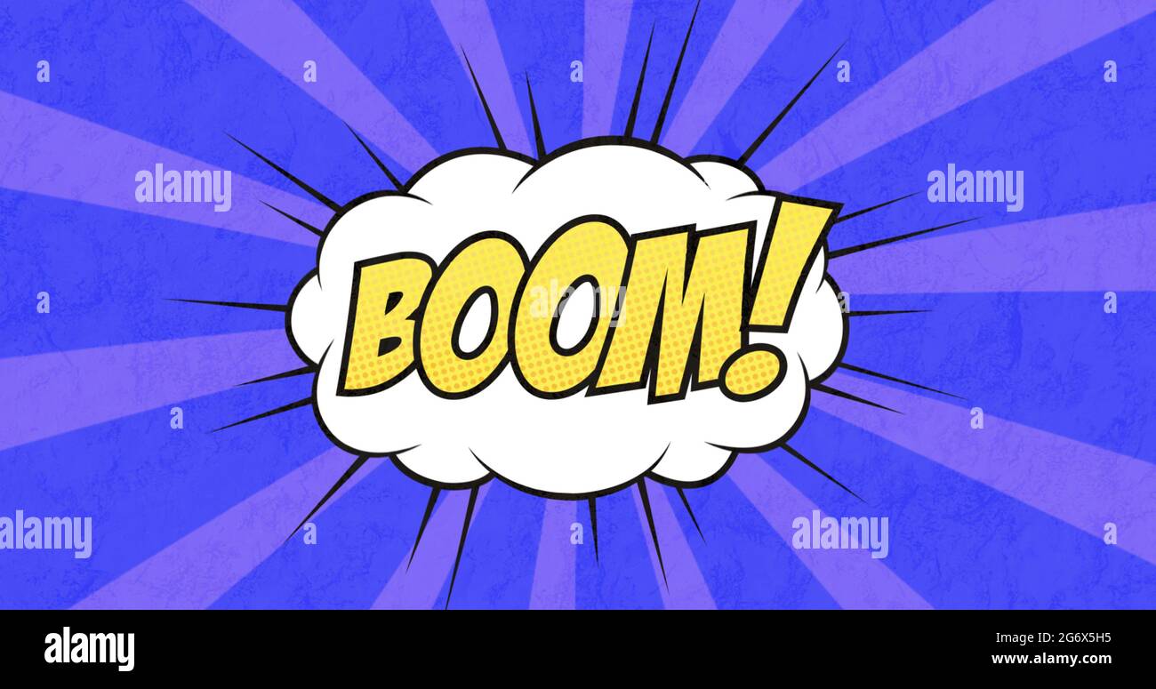 Image d'une bulle de dessin animé avec UN BOOM écrit en jaune sur un fond violet rayé Banque D'Images
