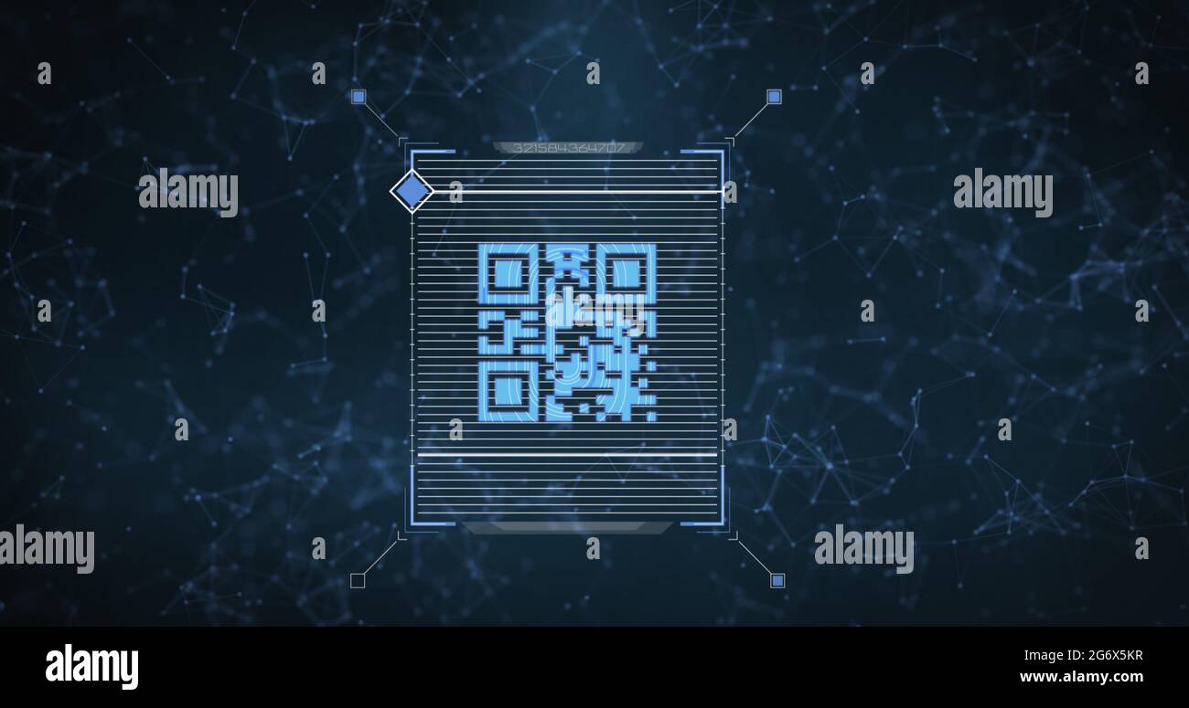 Lecteur de code QR sur réseau de connexions sur fond bleu Banque D'Images