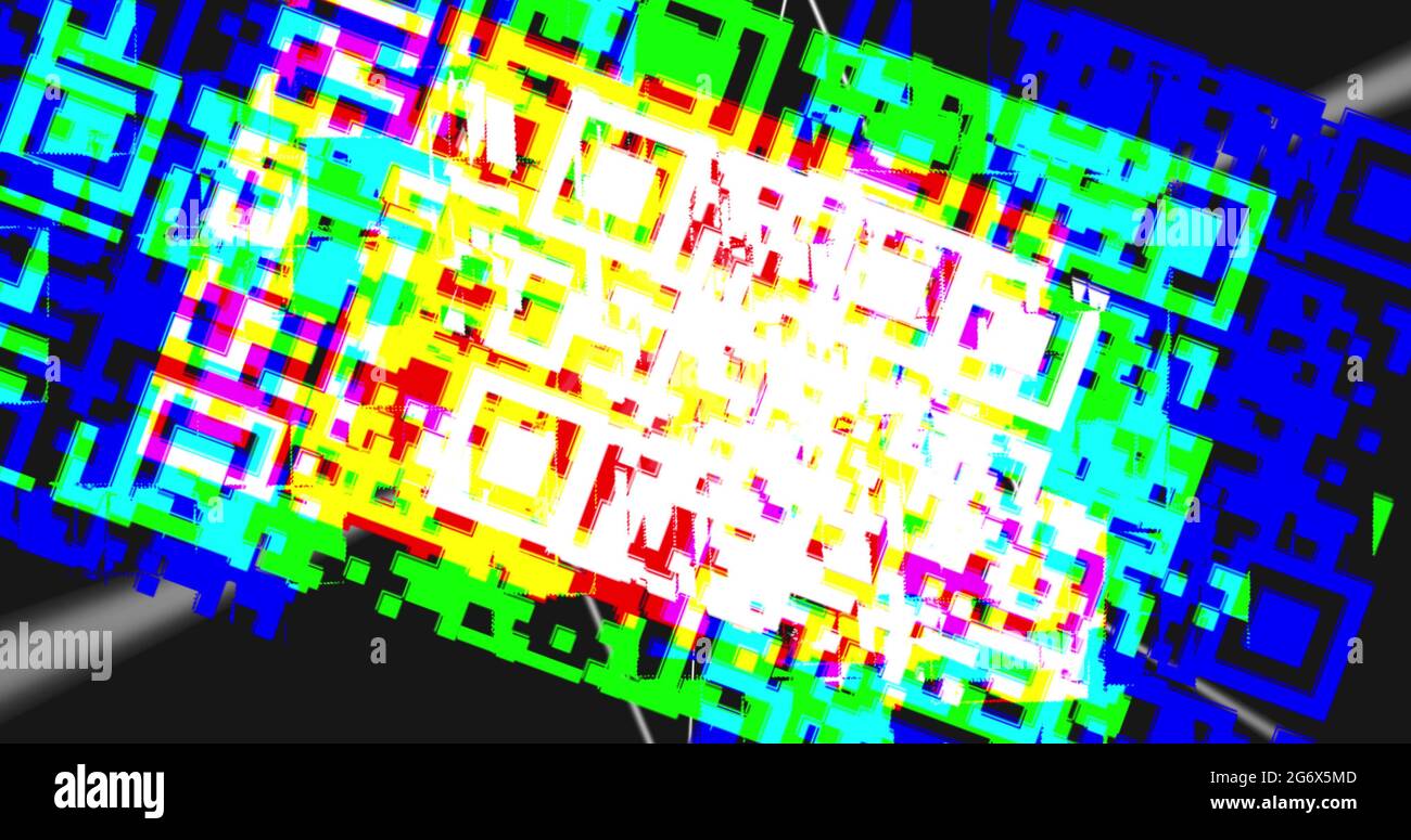 Lecteur de code QR et lignes en rotation sur fond noir Banque D'Images