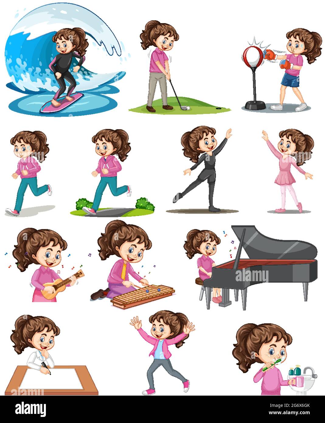 Ensemble d'une jolie fille faisant différentes activités illustration Illustration de Vecteur