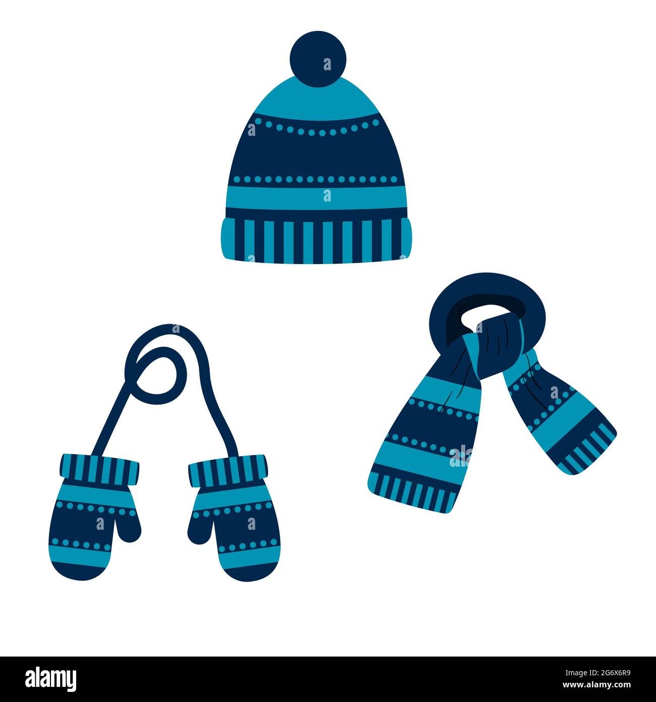 ensemble de bonnet, écharpe, moufles de couleur bleue avec un motif, hiver.  vecteur isolé sur un fond blanc Image Vectorielle Stock - Alamy