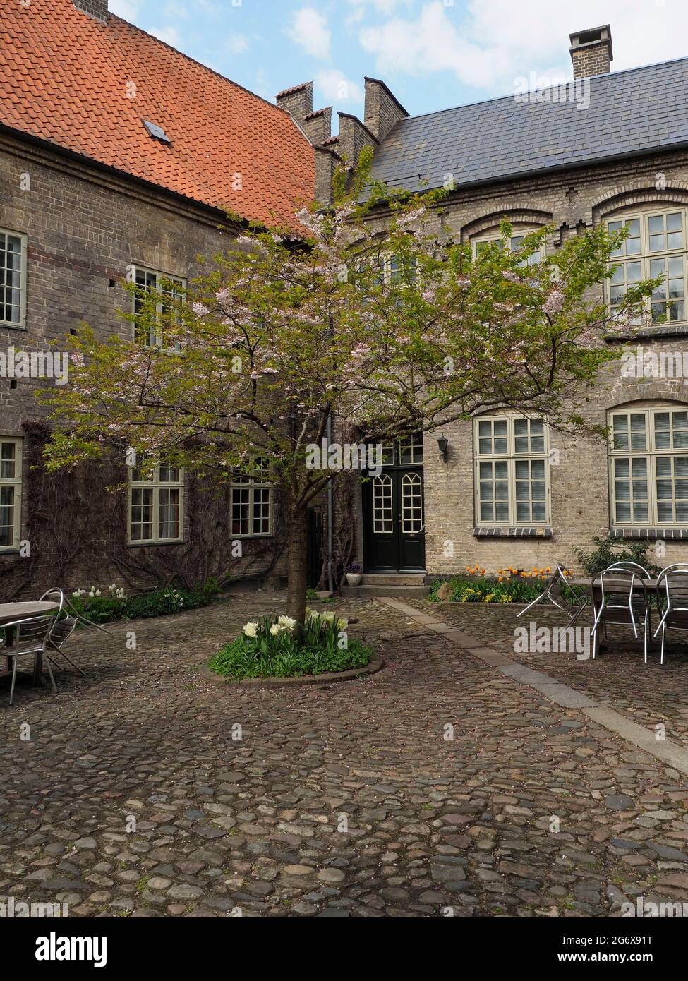 Vue sur la rue d'Aalborg au Danemark avec ses rues pavées et ses bâtiments encadrés de bois avec salle à manger extérieure Banque D'Images