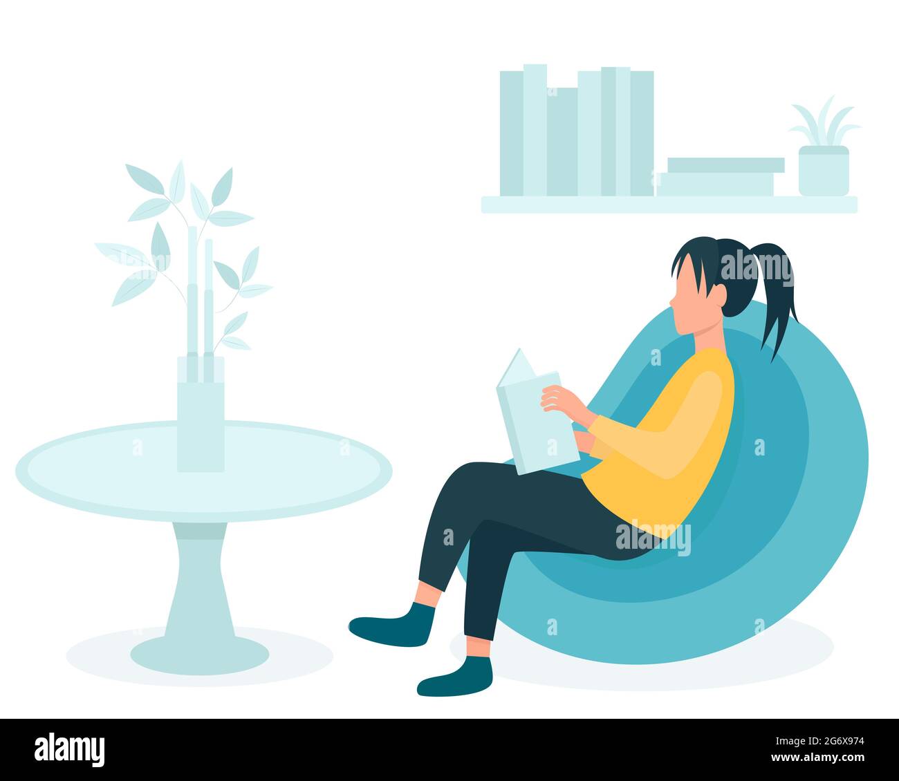 Fille avec un livre est assis sur un fauteuil de sac de beanbag, illustration vectorielle. Concept, une femme lit dans un appartement. Loisirs et calme passe-temps, auto-éducation. Repos Illustration de Vecteur