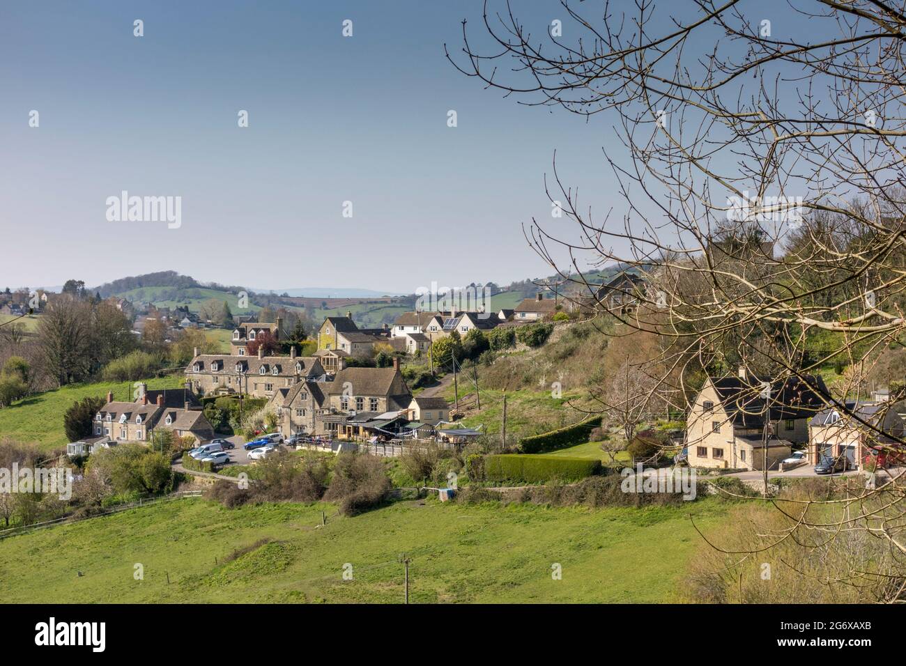 Vue de Kingscourt avec Rodborough Common en arrière-plan, Gloucestershire, royaume-uni Banque D'Images