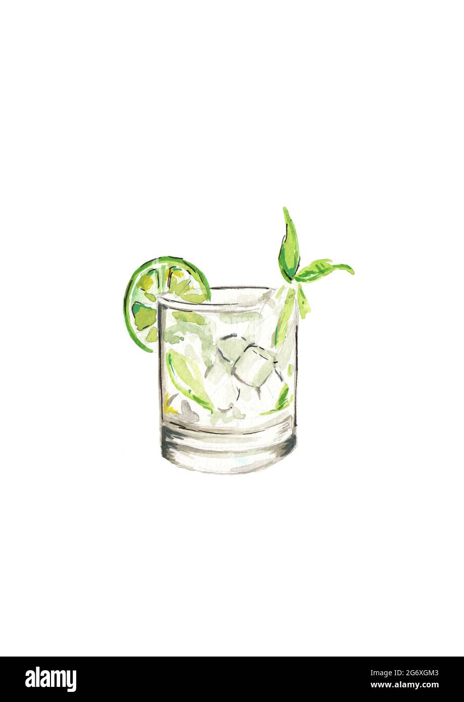 Main - peinture aquarelle illustration d'un Gin et tonique ou mojito, avec de la glace, de la menthe et de la chaux sur un fond blanc Banque D'Images