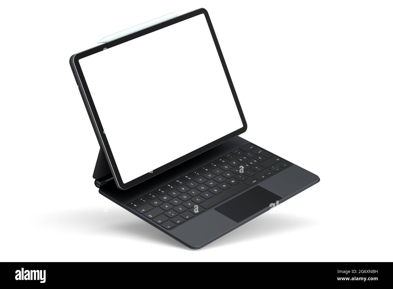 Tablette d'ordinateur avec clavier et écran vierge isolé sur fond blanc. Le concept de rendu 3D de l'équipement de créateur et de l'espace de travail compact Banque D'Images Tablette d'ordinateur avec clavier et écran vierge isolé sur fond blanc. Le concept de rendu 3D de l'équipement de créateur et de l'espace de travail compact Banque D'Images