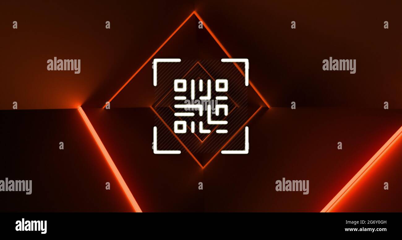 Illustration d'un code QR blanc clignotant avec des lignes de néon rouges. Banque D'Images