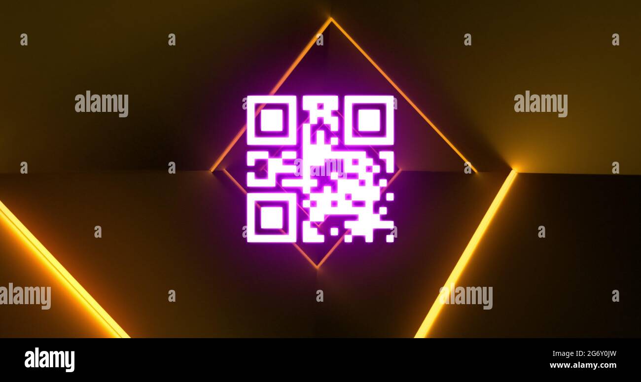 Illustration d'un code QR rose clignotant avec des lignes de néon jaunes. Banque D'Images