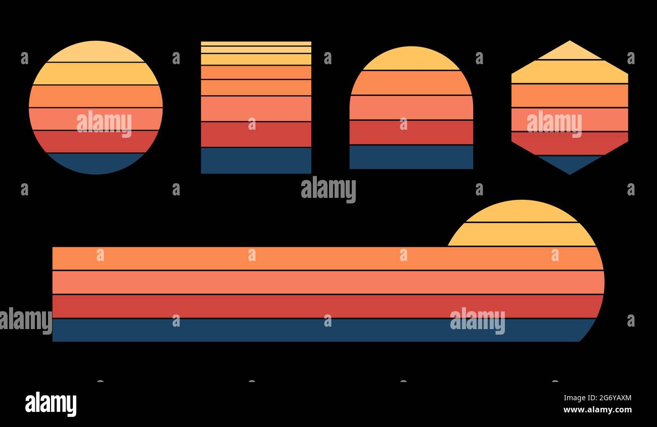 Coucher de soleil vintage avec différentes formes. Collection rétro coucher de soleil années 70 style années 80. Cinq options avec cercle, rectangle, hexagone, demi-cercle. Vecteur Illustration de Vecteur