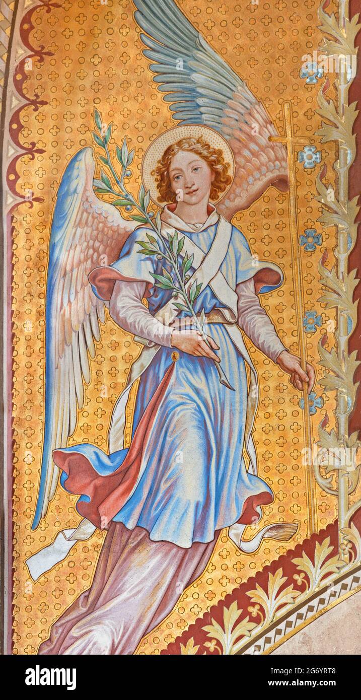 VIENNE, AUSTIRA - JUNI 24, 2021: La fresque de l'ange avec la fleur dans l'église Votivkirche par les frères Carl et Franz Jobst (sc. Moitié de 19. Cent. Banque D'Images