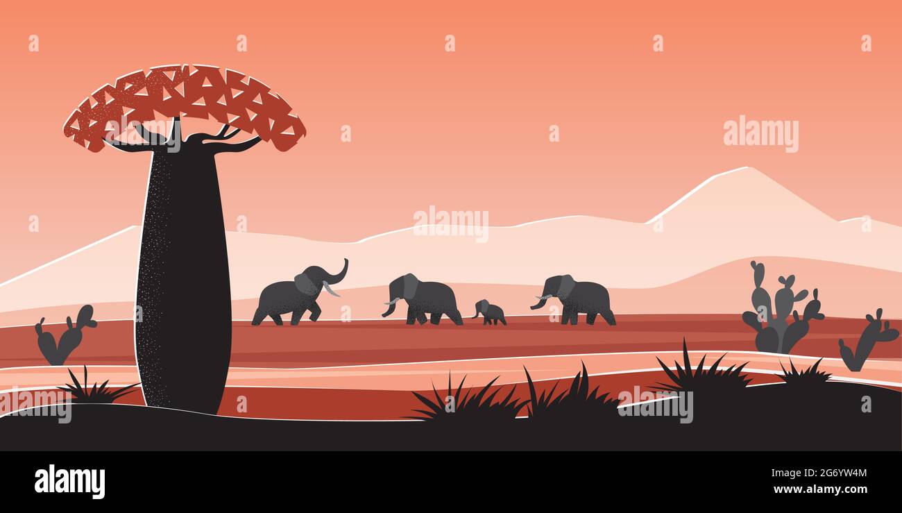 Les animaux africains dans la nature sauvage paysage de l'Afrique illustration vectorielle. Paysage panoramique de safari de dessins animés avec la faune et la flore tropicales, silhouettes d'éléphants, baobab et cactus dans la savane des Prairies Illustration de Vecteur