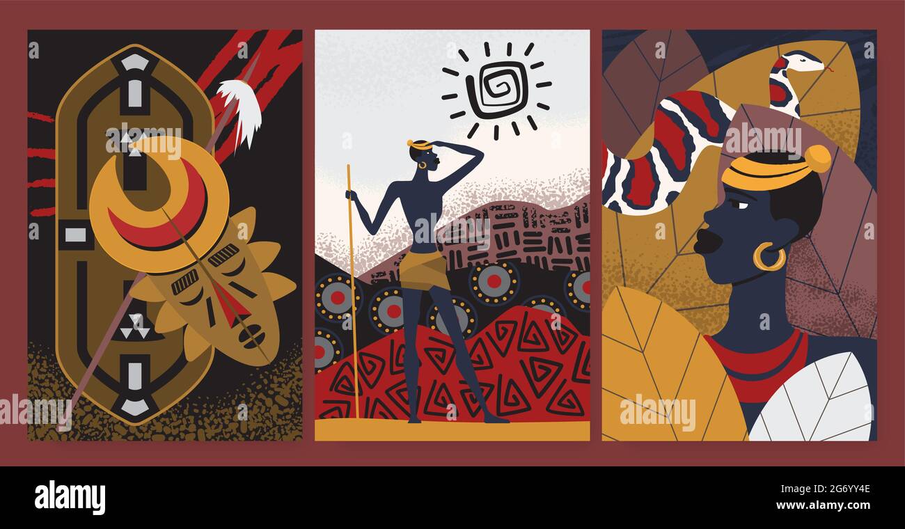 Motif de tribu africaine, jeu de papier peint illustration vectorielle. Personnage guerrier aborigène de dessin animé avec lance, tatouage abstrait tribal, masque ethnique pour décoration d'art mural, modèle d'histoires de médias sociaux Illustration de Vecteur