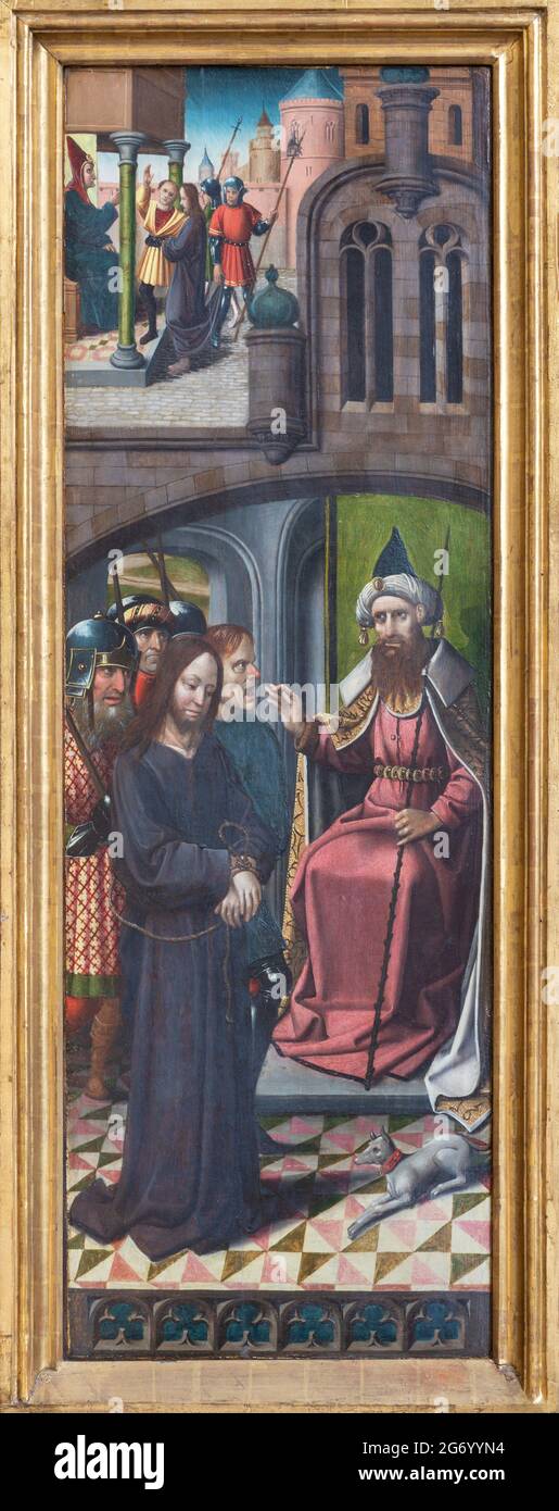 VIENNE, AUTRICHE - 17 FÉVRIER 2014 : panneau de la trahie de Jésus comme détail de l'autel des ailes sculptées gothiques dans l'Église de l'ordre teutonique Banque D'Images