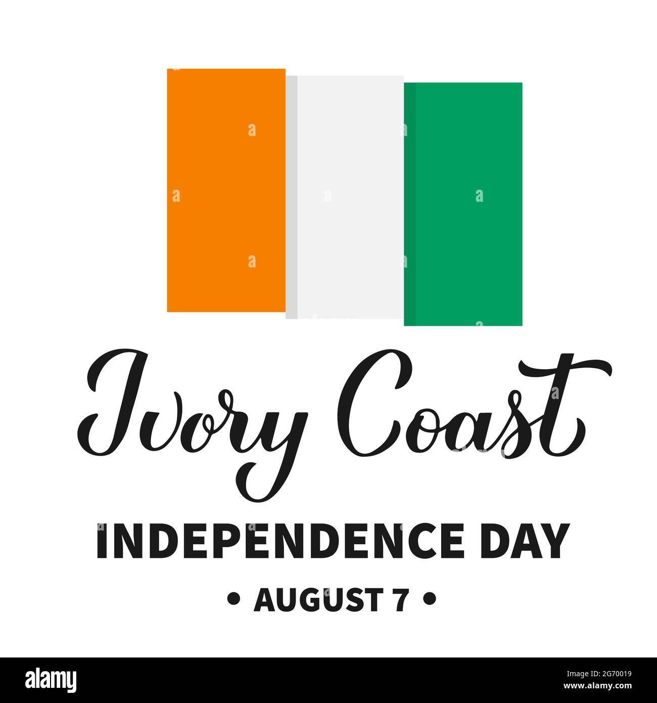 Côte d'Ivoire jour de l'indépendance calligraphie lettrage avec drapeau.  Fête nationale le 7 août. Modèle vectoriel pour bannière, affiche  typographique, f Image Vectorielle Stock - Alamy