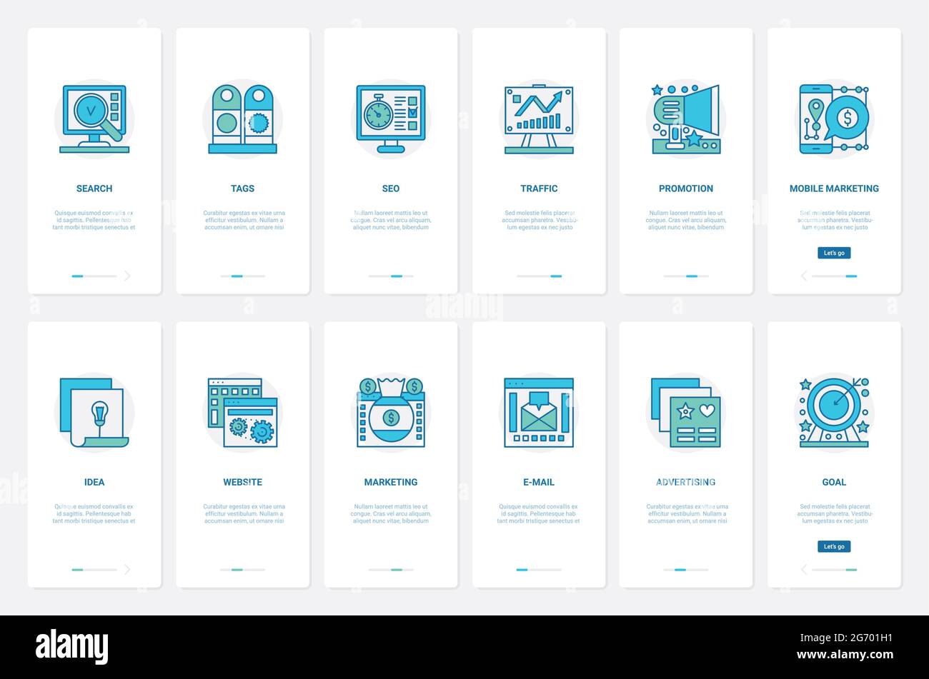 SEO, tag, Web trafic Internet promotion pour les projets d'affaires, la technologie de marketing en ligne illustration vectorielle. UX, UI Onboarding mobile application page Screen Set avec des idées de site Web de publicité de ligne Illustration de Vecteur