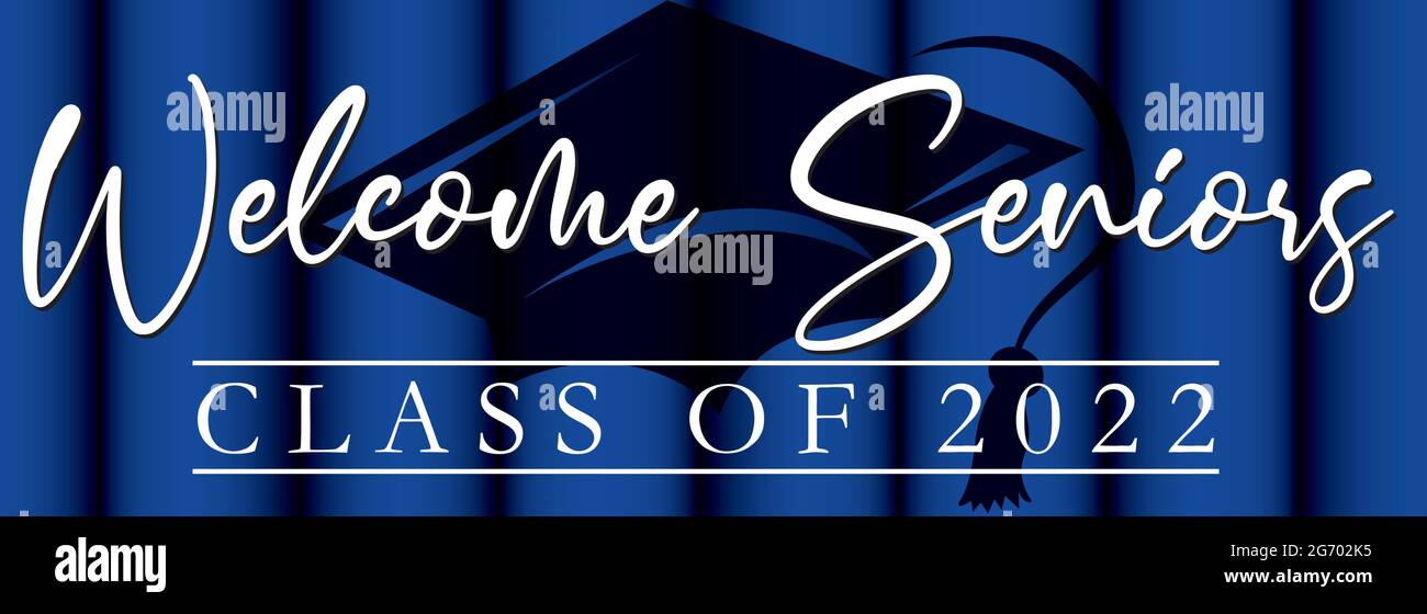 Bienvenue Seniors classe de 2022 bannière fond bleu avec chapeau de graduation Illustration de Vecteur