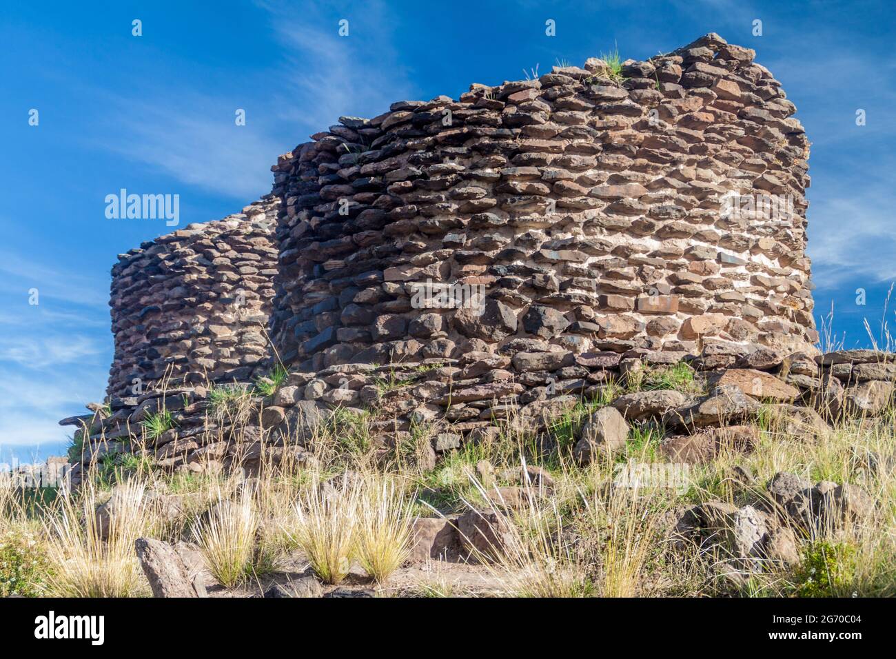 Ruines des tours funéraires Sillustani, Pérou Banque D'Images