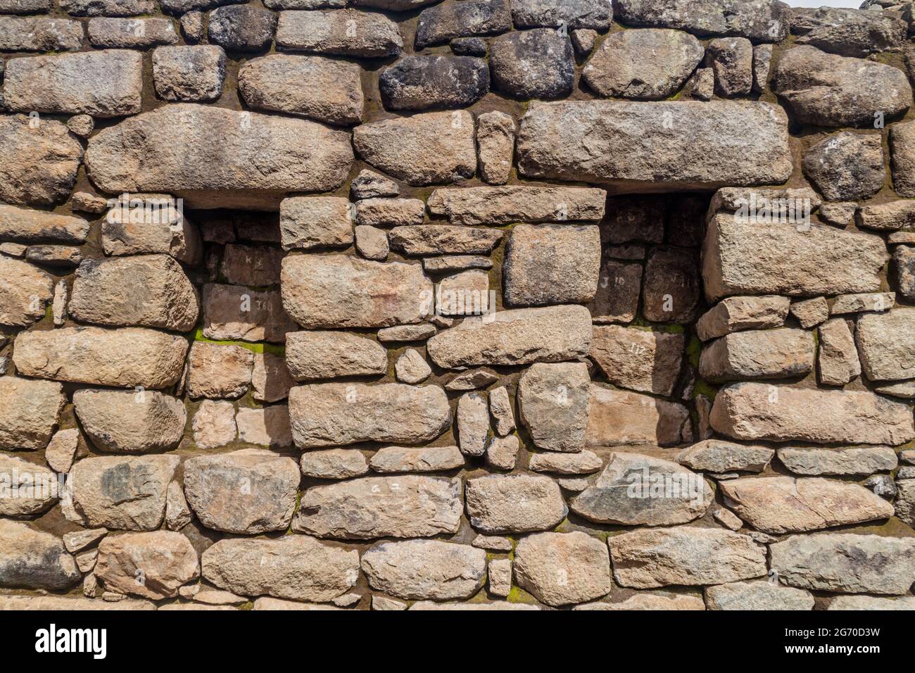 Détail d'un mur de pierre avec des niches aux ruines de Machu Picchu, Pérou Banque D'Images
