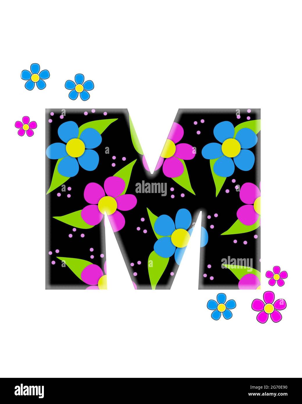 La lettre M, dans l'ensemble d'alphabet 'Flower Topia,' est noire et remplie de grandes fleurs roses et bleues. Les mêmes fleurs décorent les bords extérieurs de la lettre. Banque D'Images