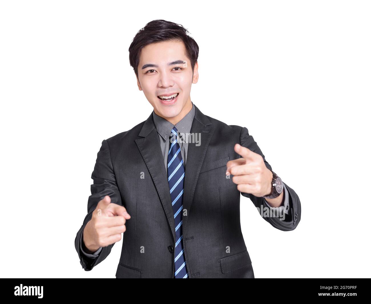 Jeune homme d'affaires charmant pointant des deux mains vers la caméra Banque D'Images