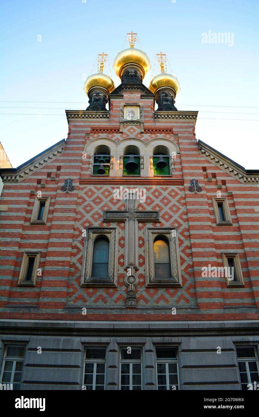 Copenhague, Danemark - juillet 2021 : extérieur de l'église Alexandre Nevsky (Skt. Aleksander Nevskij Kirke) le soir. Banque D'Images