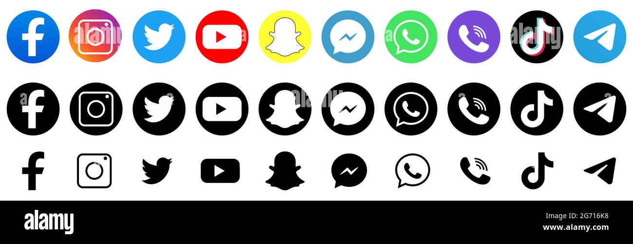 Vinnytsia, Ukraine - 6 juillet 2021. Ensemble de logos populaires sur les réseaux sociaux. Facebook, instagram, twitter, youtube, snapchat, whatsap, viber, tik tok, telegra Illustration de Vecteur