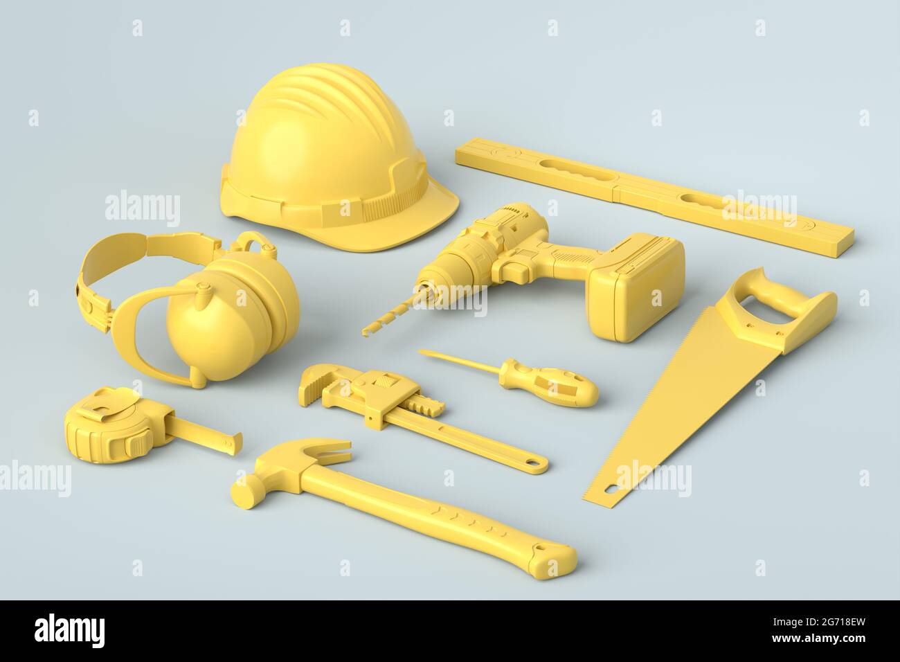 Vue isométrique des outils de construction monochromes pour la réparation et l'installation sur fond gris et jaune. rendu 3d et illustration du service ba Banque D'Images Vue isométrique des outils de construction monochromes pour la réparation et l'installation sur fond gris et jaune. rendu 3d et illustration du service ba Banque D'Images