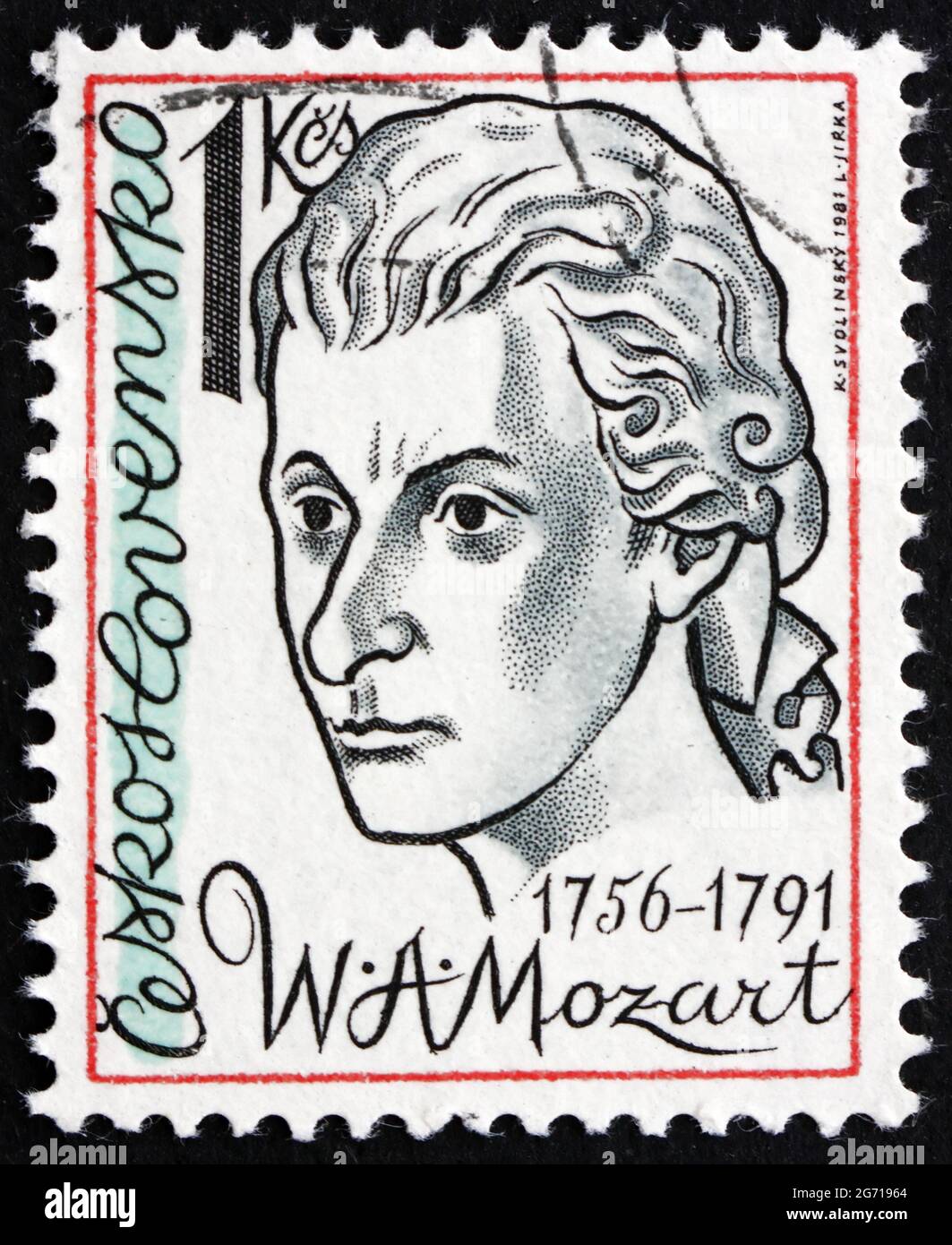 TCHÉCOSLOVAQUIE - VERS 1981 : un timbre imprimé en Tchécoslovaquie montre Wolfgang Amadeus Mozart, compositeur, vers 1981 Banque D'Images