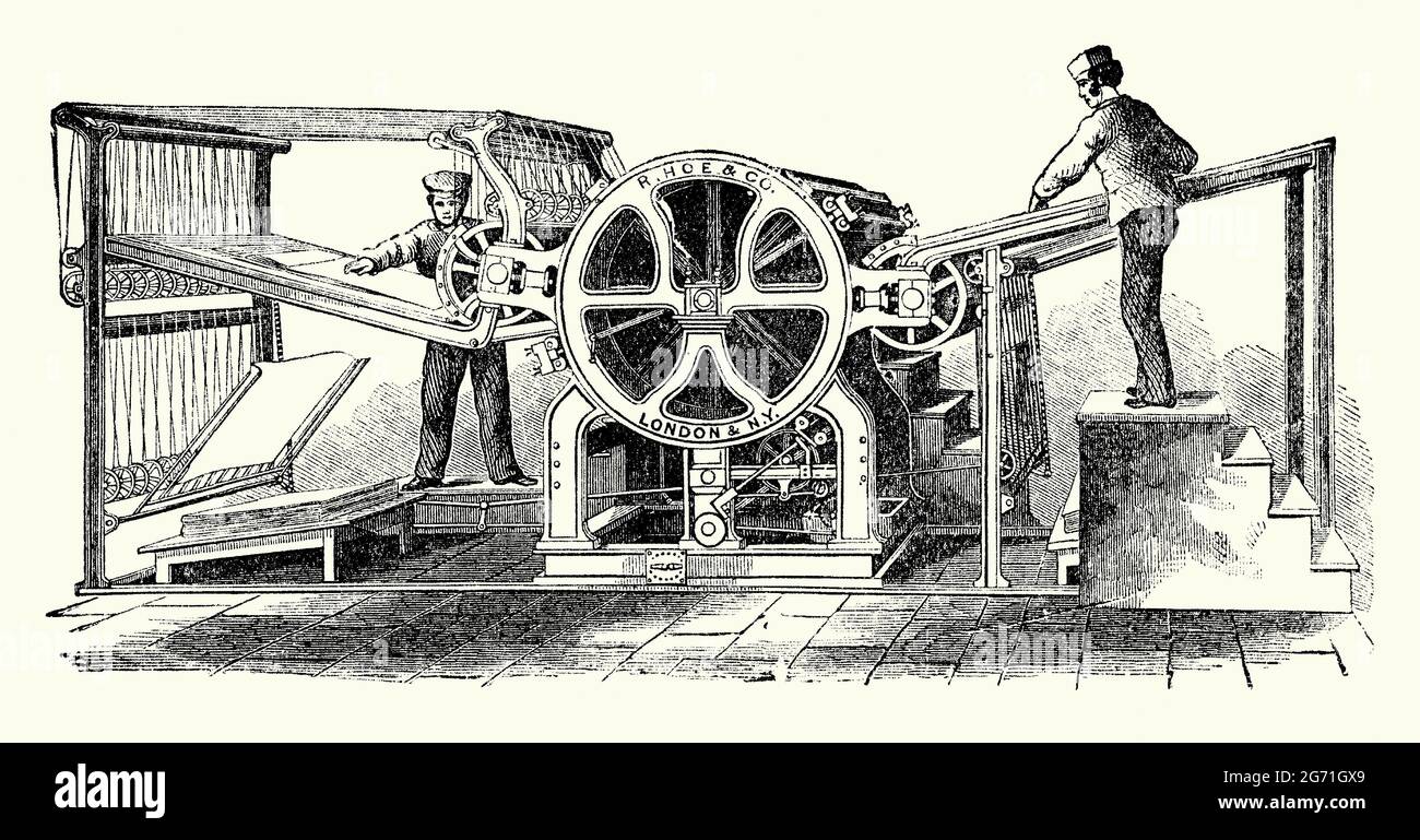 Une ancienne gravure montrant une presse d'impression rotative de type Hoe du milieu des années 1800 – cette version est une presse à deux cylindres. Il est tiré d'un livre des années 1890 sur les découvertes et inventions victoriennes au cours des années 1800. Richard Hoe (1812–1886) est un inventeur américain de la ville de New York. Il est plus connu pour l'invention dans les années 1840 d'une presse d'impression rotative (rotative), où le type et les illustrations ont été placés sur un cylindre qui pourrait imprimer beaucoup plus rapidement que les anciennes presses d'impression à écran plat. En 1870, Hoe a développé une presse rotative qui imprime les deux côtés d'une page en une seule opération. Banque D'Images