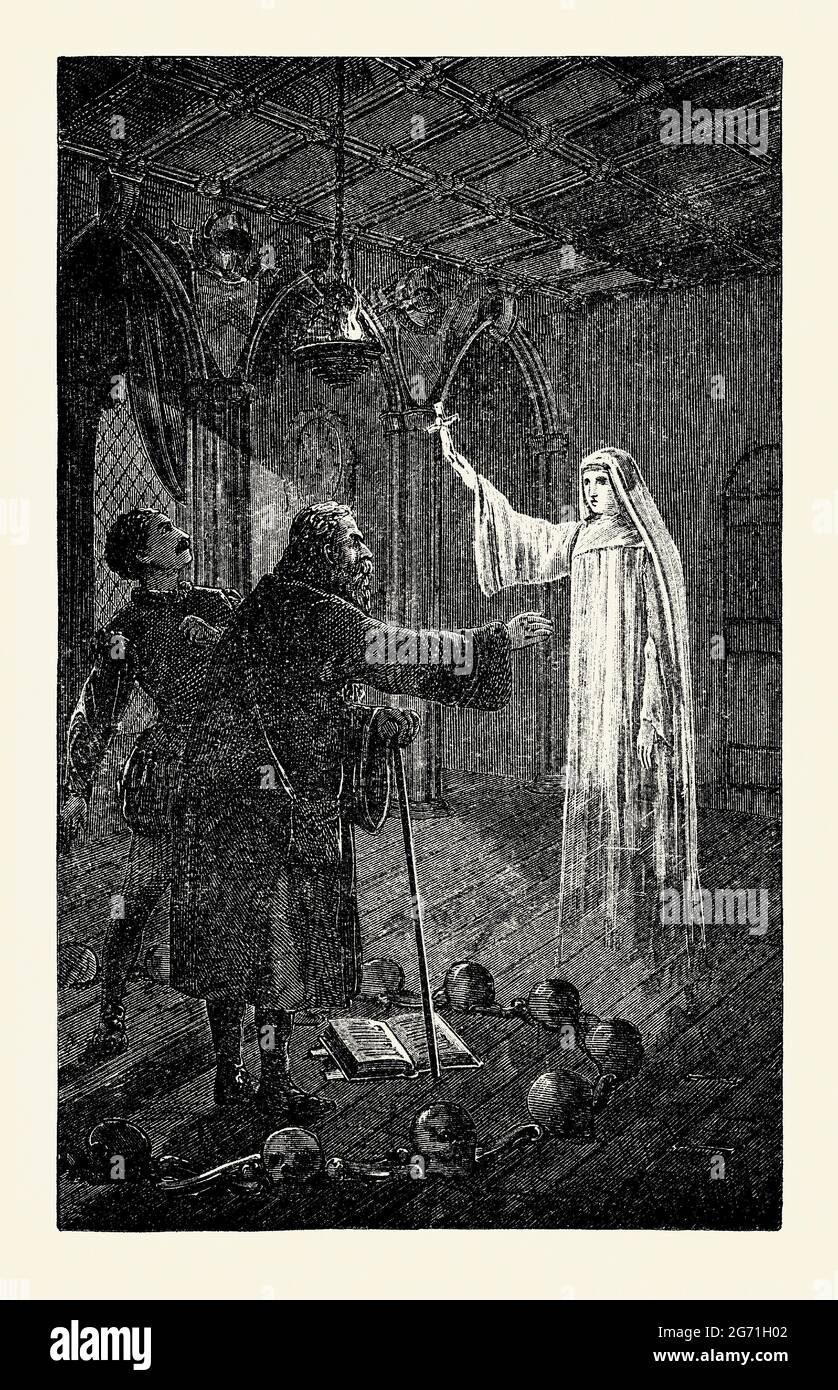 Une ancienne gravure d'une illusion théâtrale victorienne de "fantôme". C'est à partir d'un livre des années 1890 sur les découvertes et les inventions au cours des années 1800. Des artistes tels que le professeur John Henry Pepper, utilisant des techniques scientifiques inconnues du public de l'époque, ont créé sa célèbre « véritable histoire du fantôme de Pepper ». Elle est illustrée ici où un acteur caché sous la scène est éclairé par une source de lumière et, via deux miroirs inclinés, est projeté sur la scène. Le public ne voit que la figure fantomatique. Pepper a d’abord inventé son « fantôme » en 1862 pour un public à la Royal Polytechnic de Londres. Banque D'Images