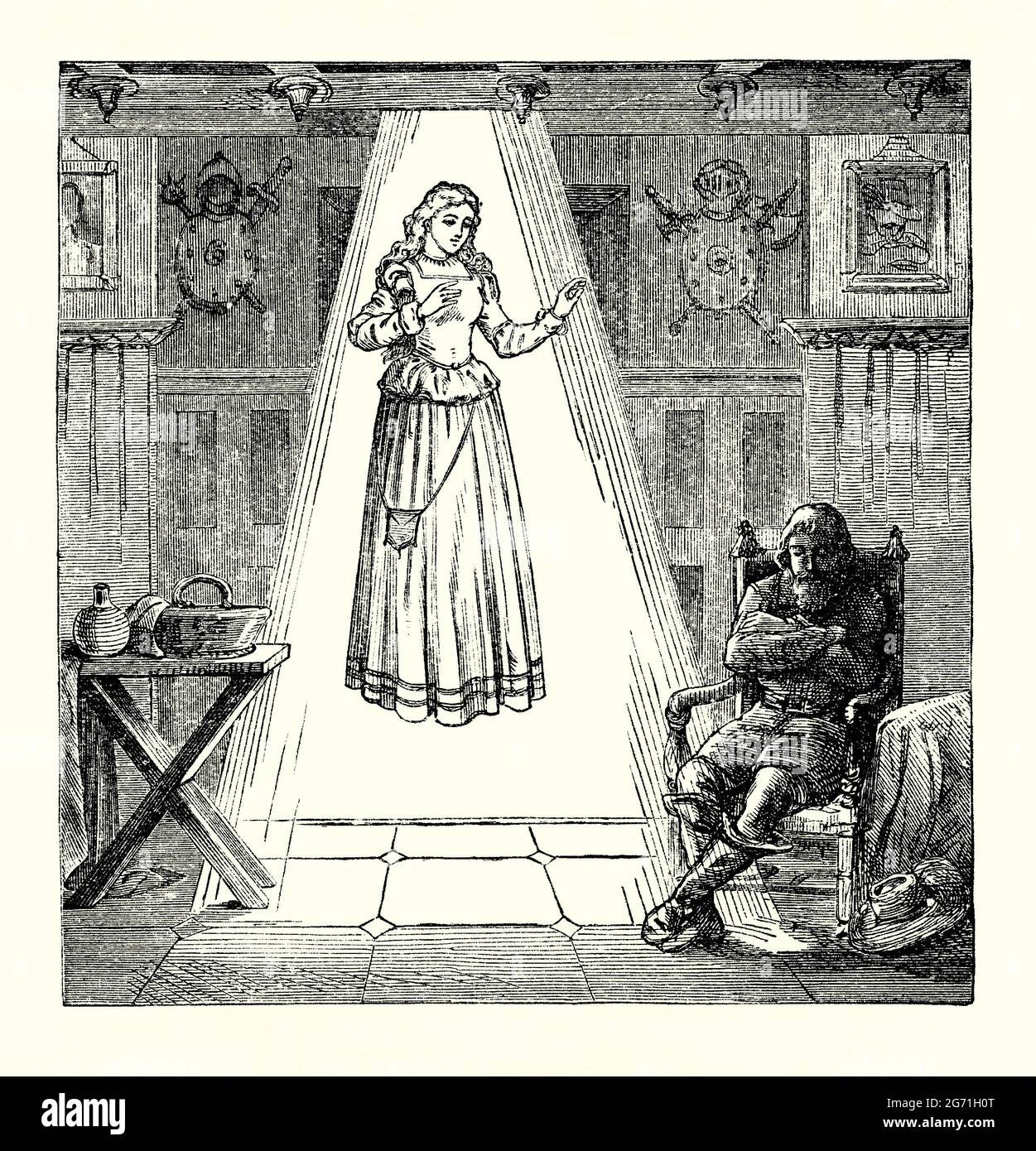 Une ancienne gravure d'une illusion théâtrale victorienne de type « personne flottant ». C'est à partir d'un livre des années 1890 sur les découvertes et les inventions au cours des années 1800. L'époque était l'âge de l'illusionniste. Ici, un acteur est illuminé par une source de lumière comme une présence fantôme. Elle est en fait sur scène mais debout sur une feuille de verre de plaque, donnant l'impression de flotter au-dessus du sol. Il a été dirigé par le professeur John Henry Pepper. Pepper a tout d'abord inventé sa célèbre « véritable histoire du fantôme de Pepper » en 1862 pour un public à la Royal Polytechnic de Londres. Banque D'Images
