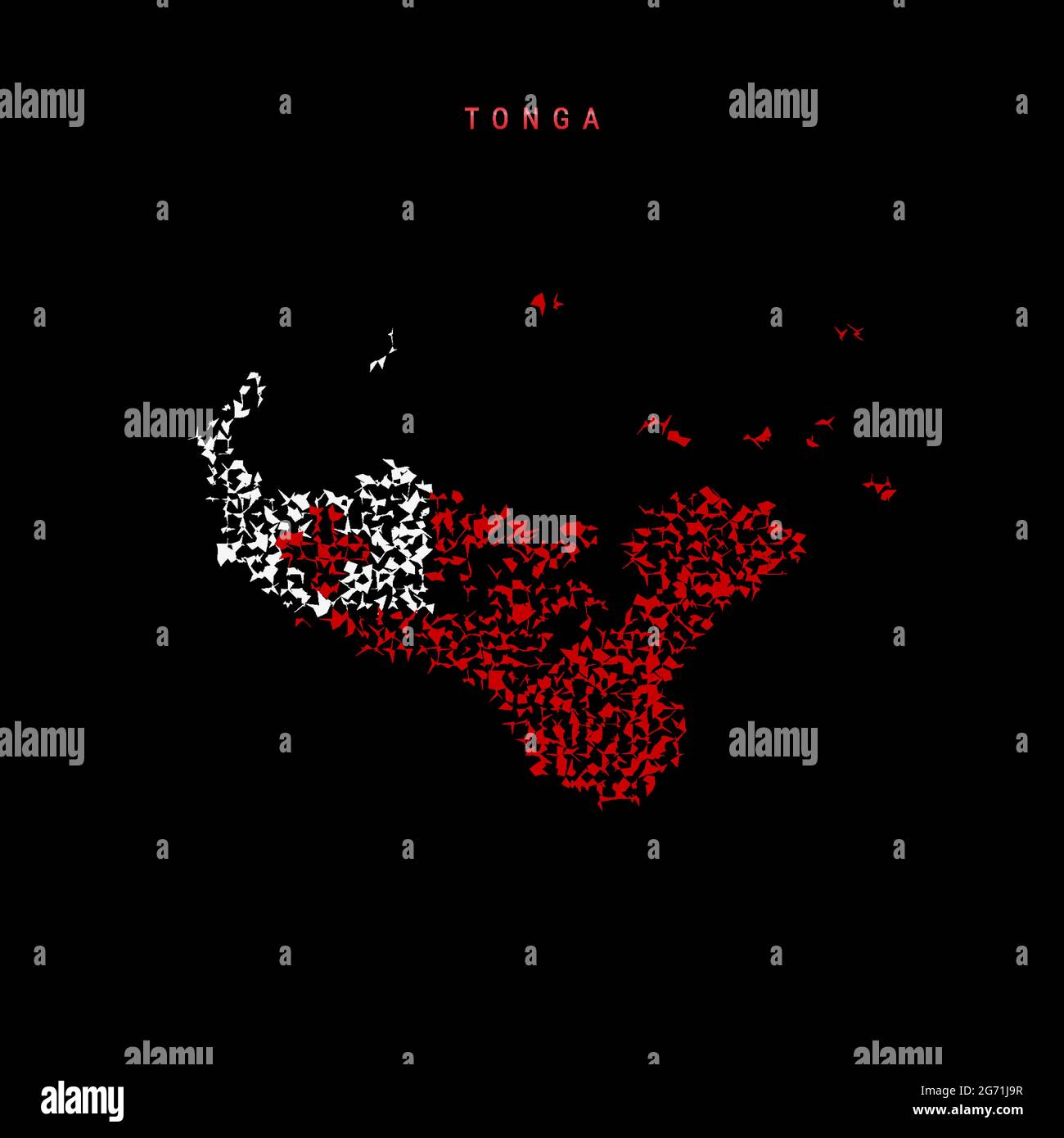 Carte du drapeau des Tonga, motif de particules chaotiques dans les couleurs du drapeau de Tongan. Illustration vectorielle isolée sur fond noir. Illustration de Vecteur