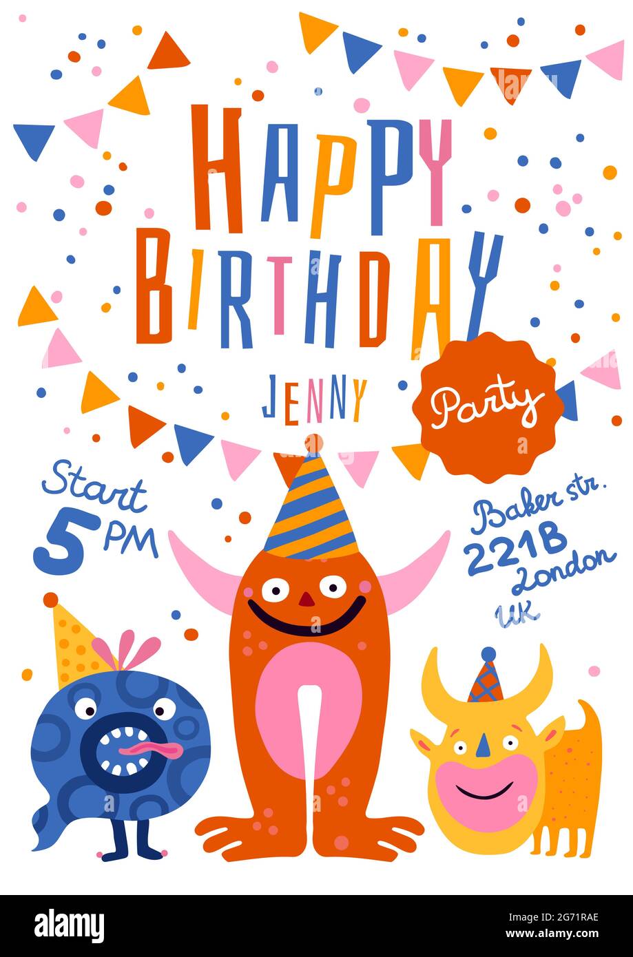 Anniversaire Fete Annonce Invitation Poster Avec Monstres Droles Dans Les Chapeaux De Cone Heure Adresse Decorations De Fete Illustration Vectorielle Image Vectorielle Stock Alamy