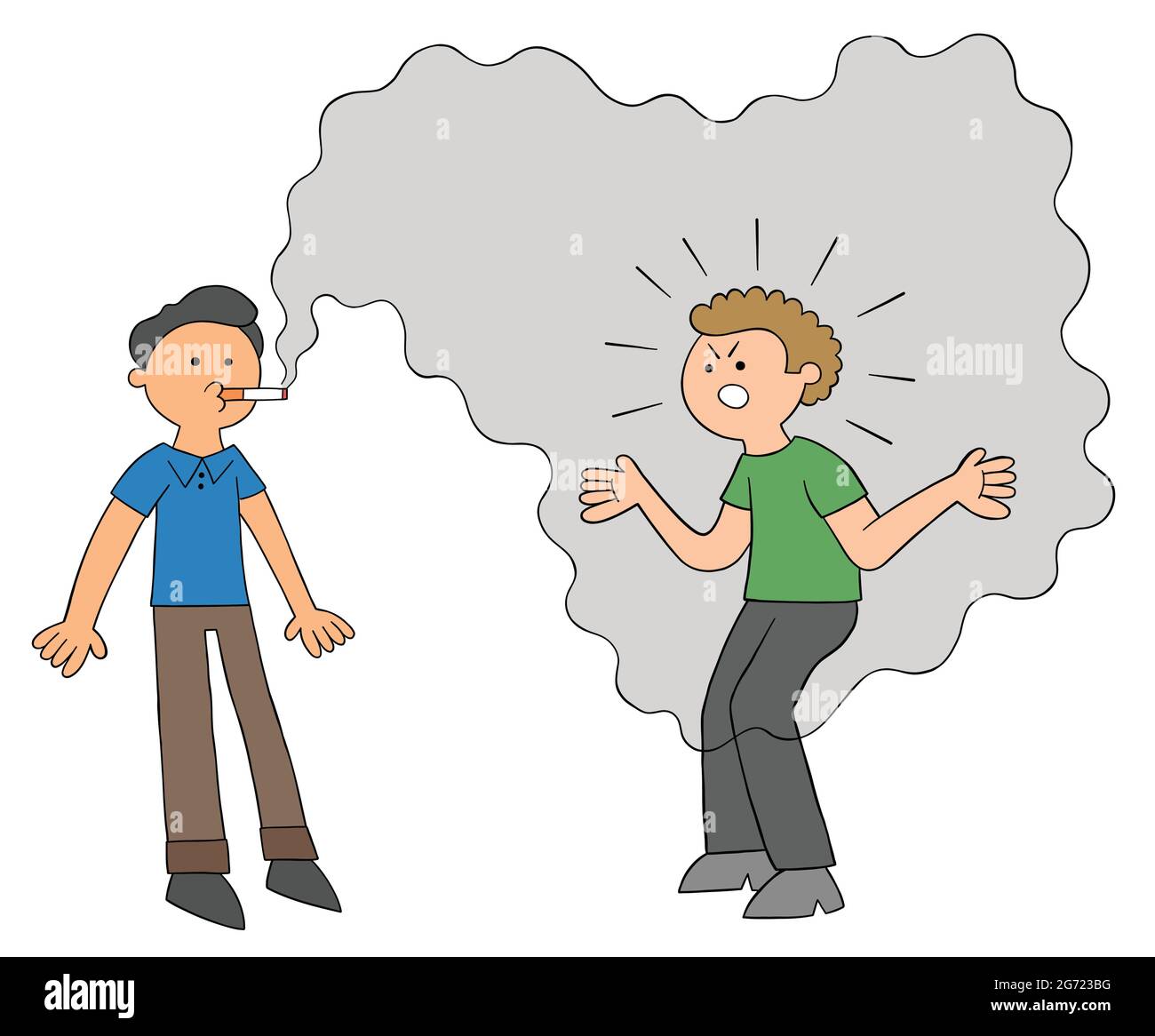 Un homme de dessin animé addicté fume et un autre homme est énervé par la fumée et se met en colère, illustration vectorielle. Contours colorés et noirs. Illustration de Vecteur