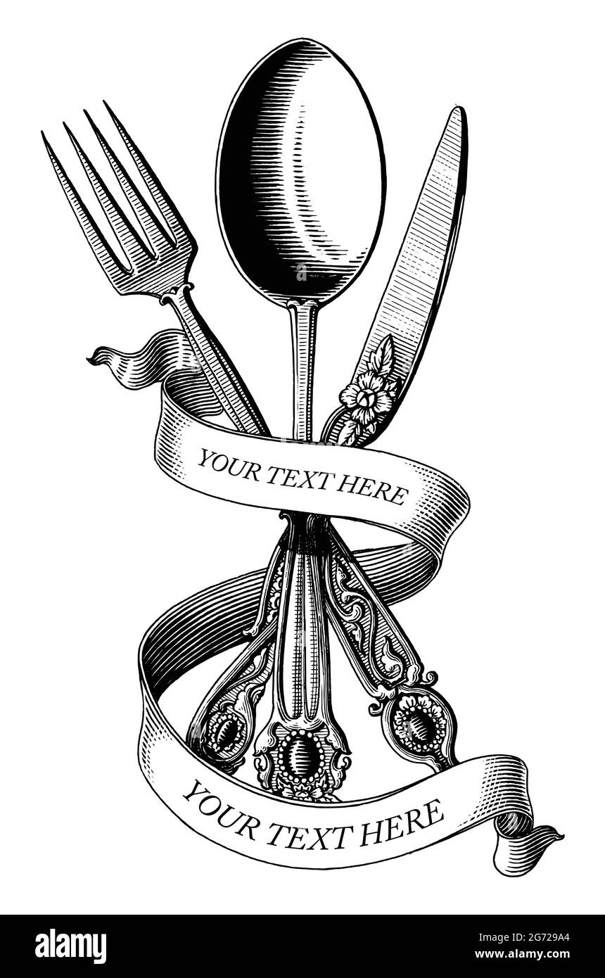 Croix de cuillère fourchette et couteau main dessiner vintage style gravure noir et blanc clip art isolé sur fond blanc Illustration de Vecteur