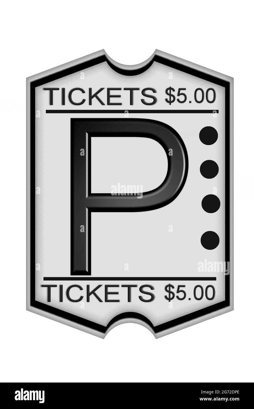 P, dans l'alphabet ensemble Ticket Stub, est une lettre noire sur un billet blanc marqué $5.00. Banque D'Images