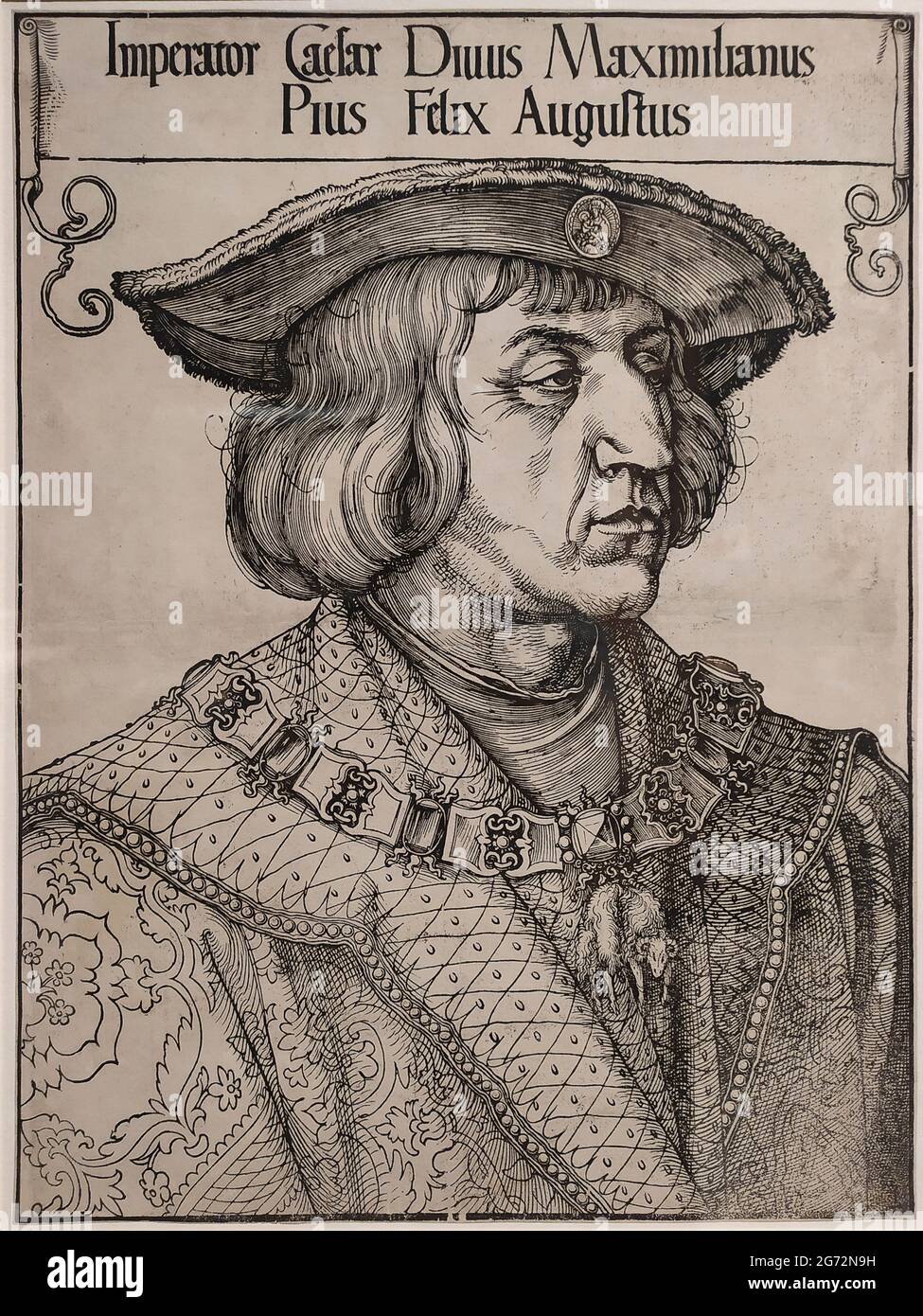 Coupe de bois du Saint empereur romain Maximilien I par Albrecht Durer, 1518 AD. Banque D'Images