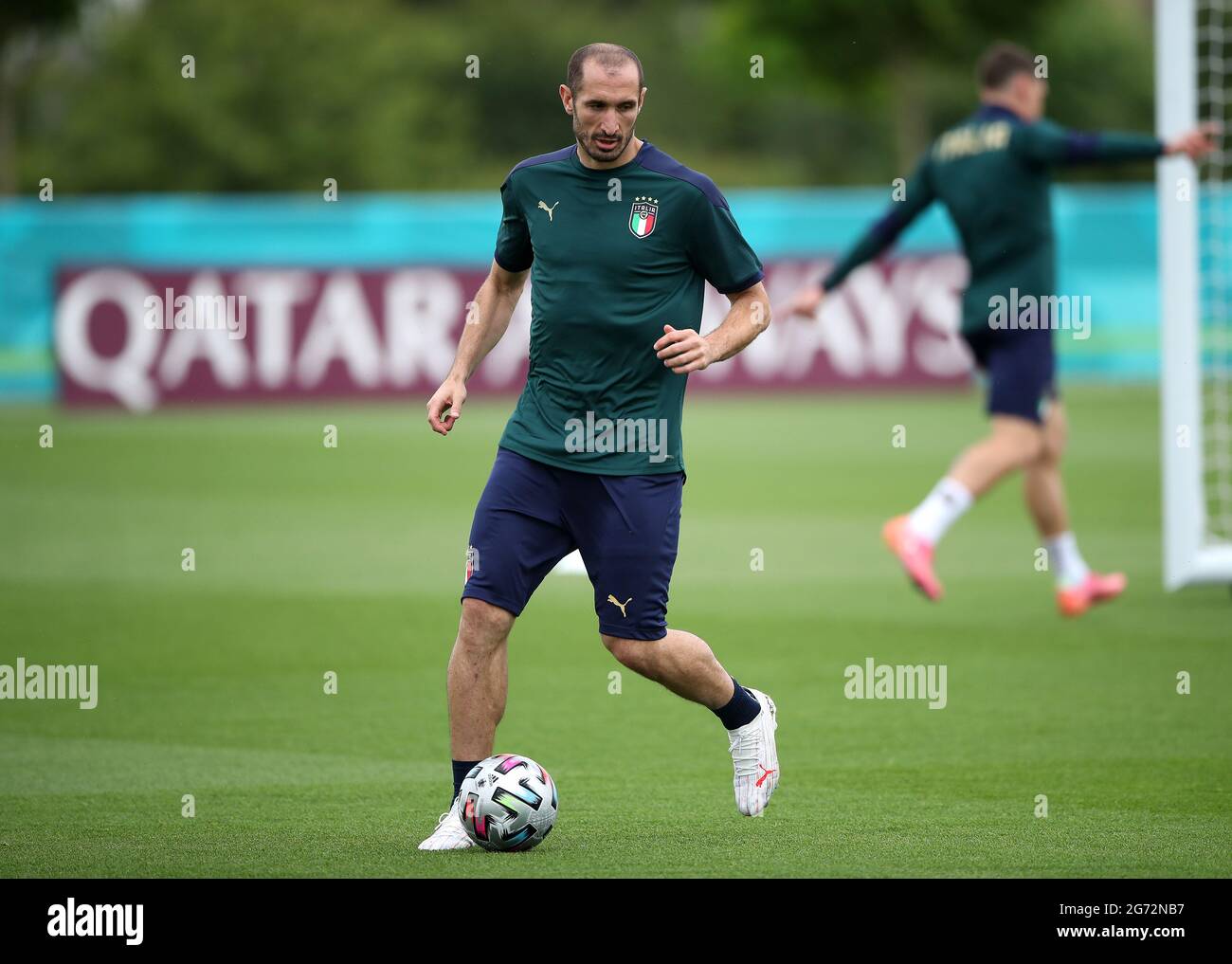 Giorgio Chiellini, de l'Italie, pendant une session de formation au terrain d'entraînement de Tottenham Hotspur. Date de la photo: Samedi 10 juillet 2021. Banque D'Images