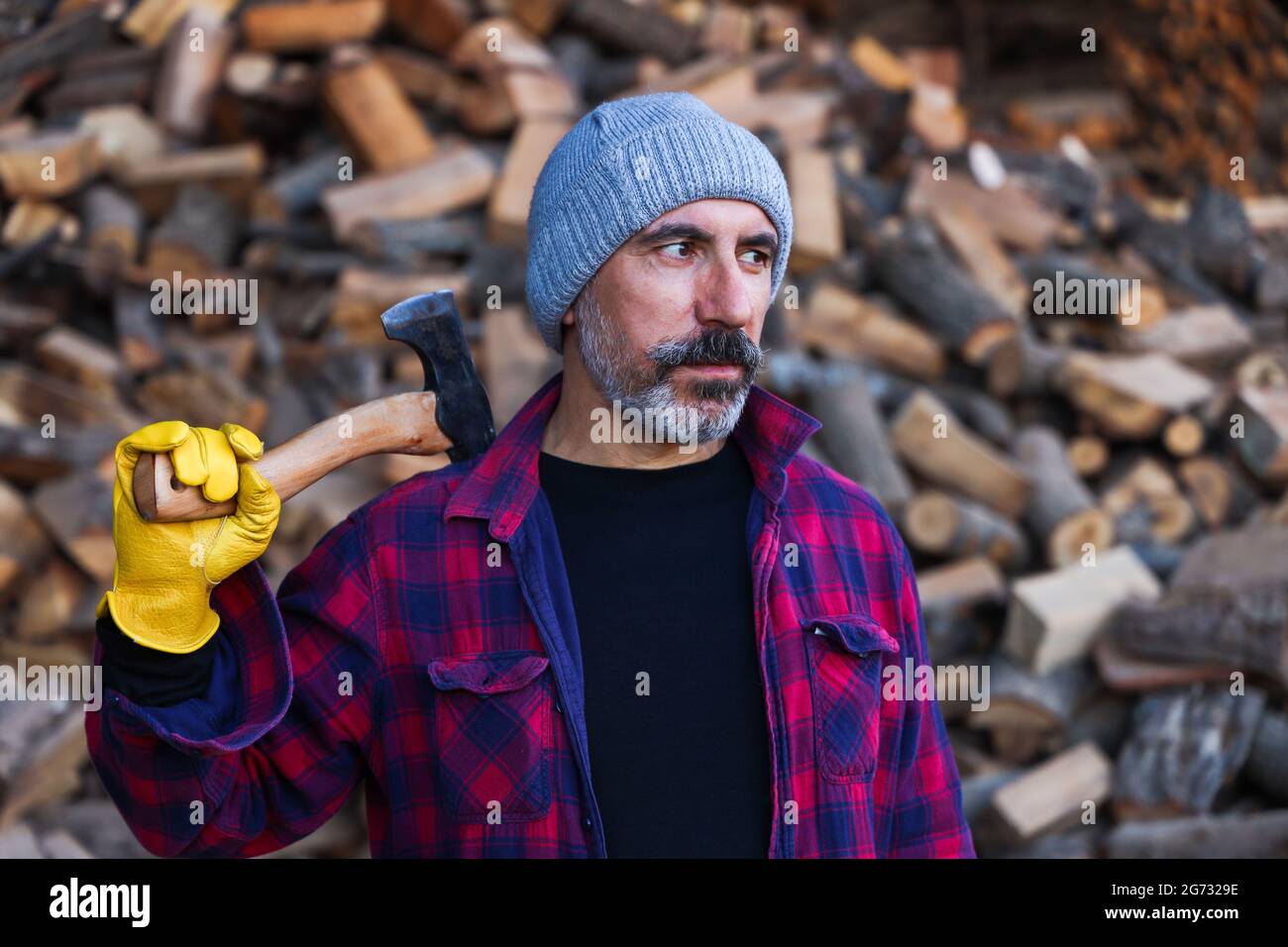 Portrait de lumberjack, beau modèle de brunette barbu regardant sérieusement avec une hache sur son épaule. Banque D'Images