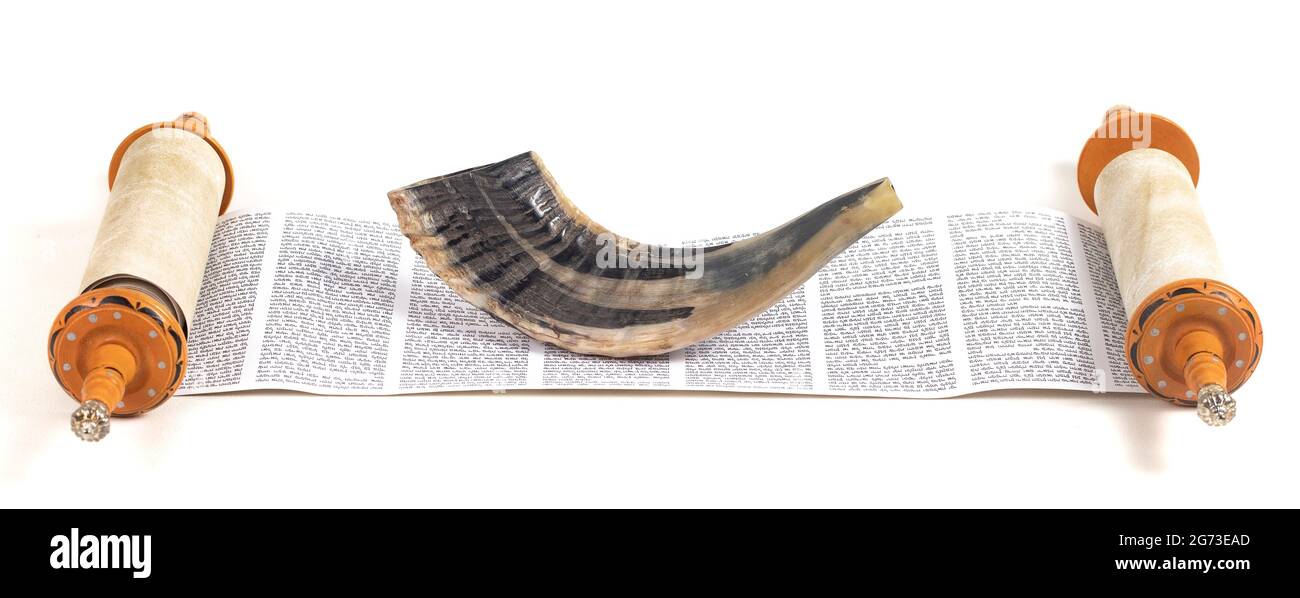 Torah Scroll et la corne Shofar isolée sur un fond blanc Banque D'Images