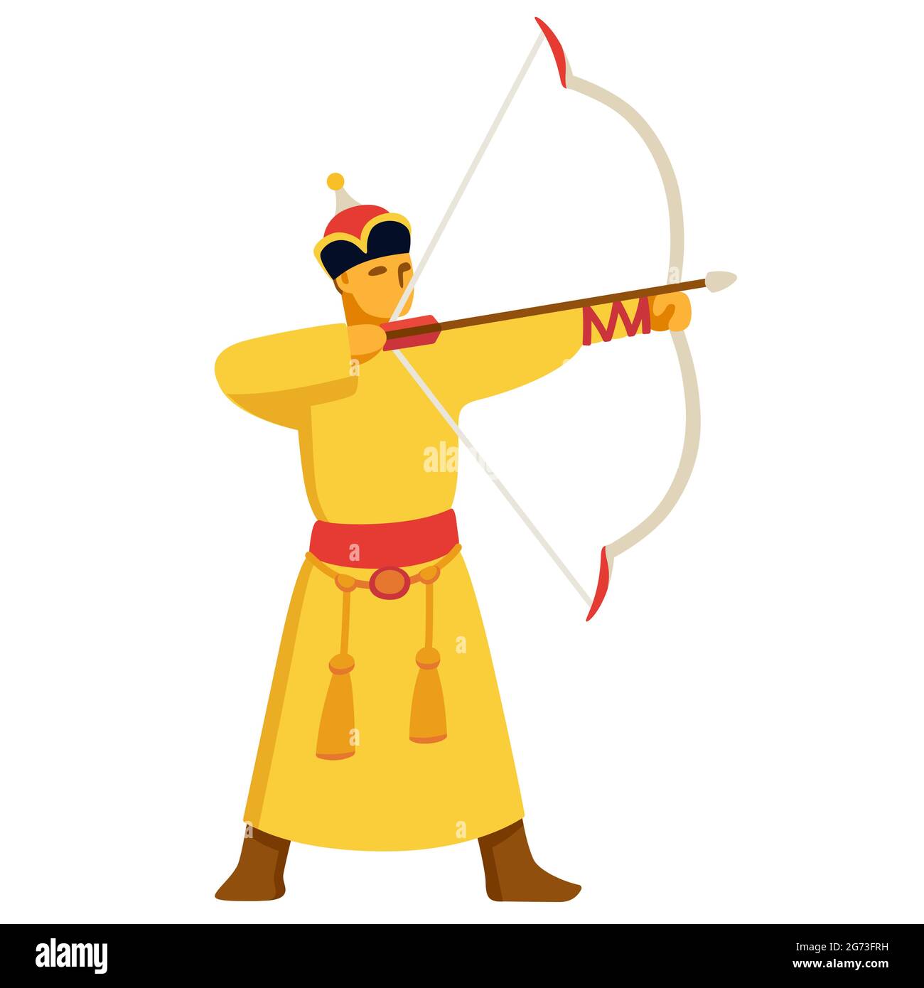 Archer mongol pour le Festival traditionnel de Naadam. Homme mongol en costume traditionnel (Deel) dessinant un arc. Illustration de clip art vectoriel. Illustration de Vecteur