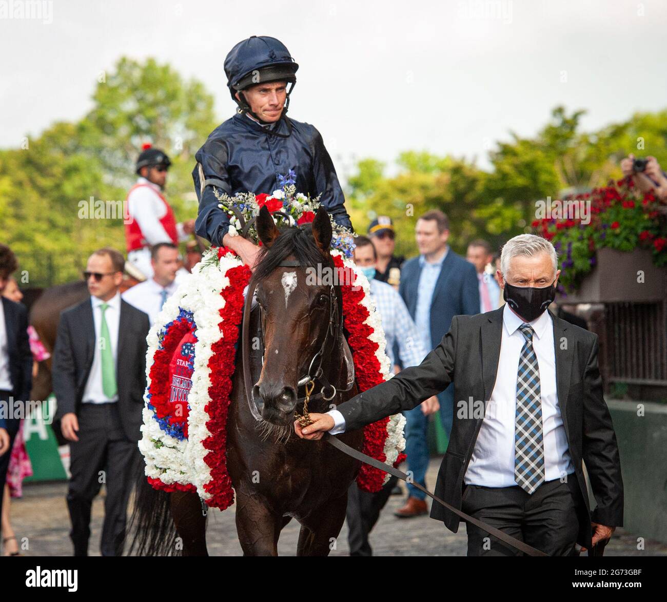 Elmont, New York, États-Unis. 10 juillet 2021. 10 juillet 2021 : le Ballet Bolchoï (IRE), monté par Ryan Moore, remporte la course 2021 du Derby de Belmont G1 au parc Belmont à Elmont, NY. Sophie Shore/ESW/CSM/Alay Live News Banque D'Images