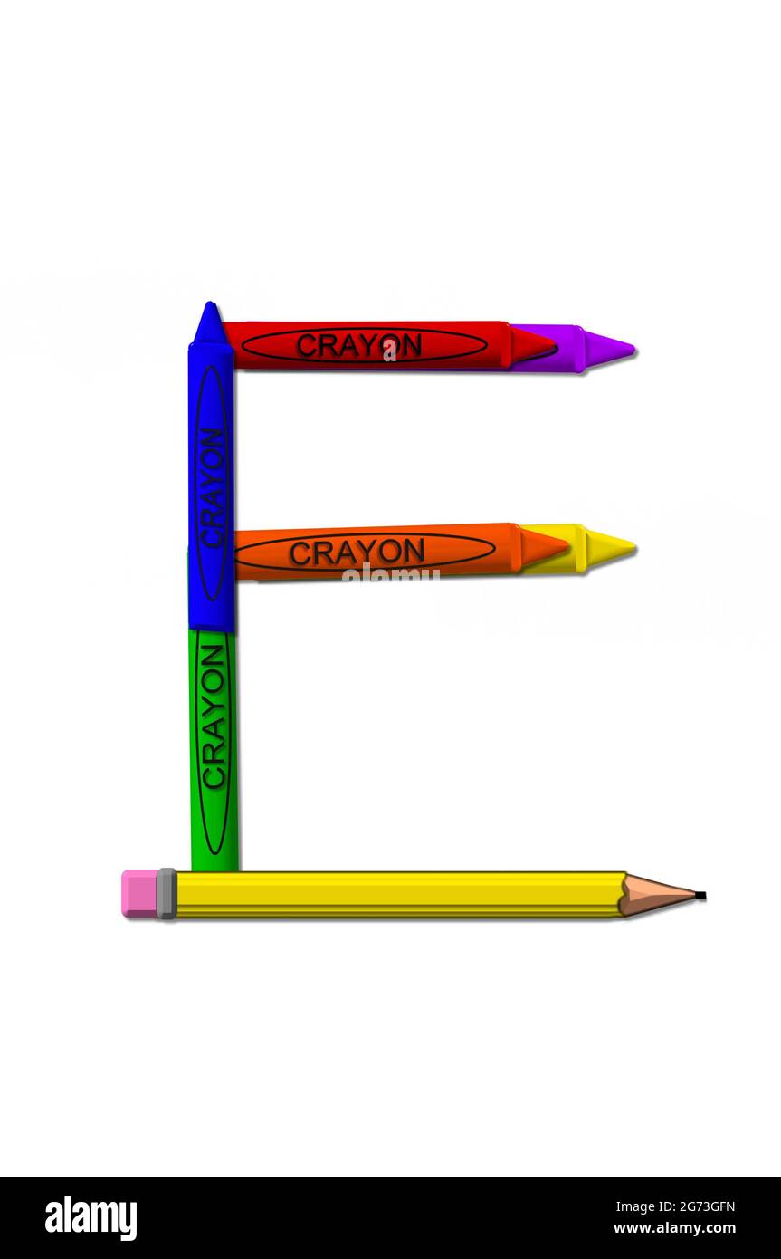 F, dans l'ensemble d'alphabet « crayons », est formé à partir de crayons  empilés et tournés en 3D. Les crayons sont dans les couleurs primaires  d'une boîte de crayons Photo Stock -