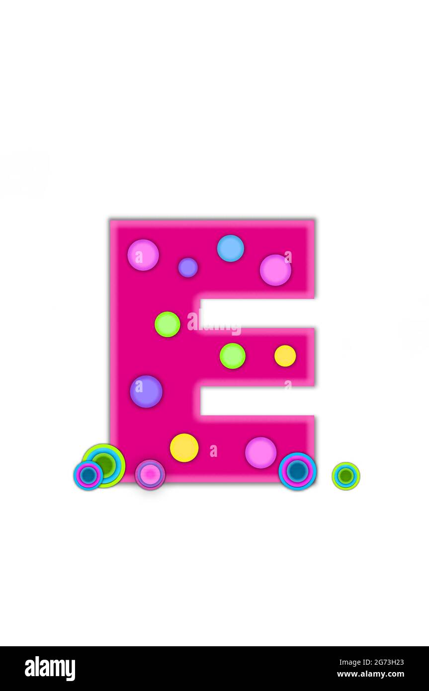 La lettre E, dans les points de l'alphabet, est rose vif avec un contour rose clair. La lettre comporte des points de couleur dispersés sur toute la surface. circl multicolore Banque D'Images